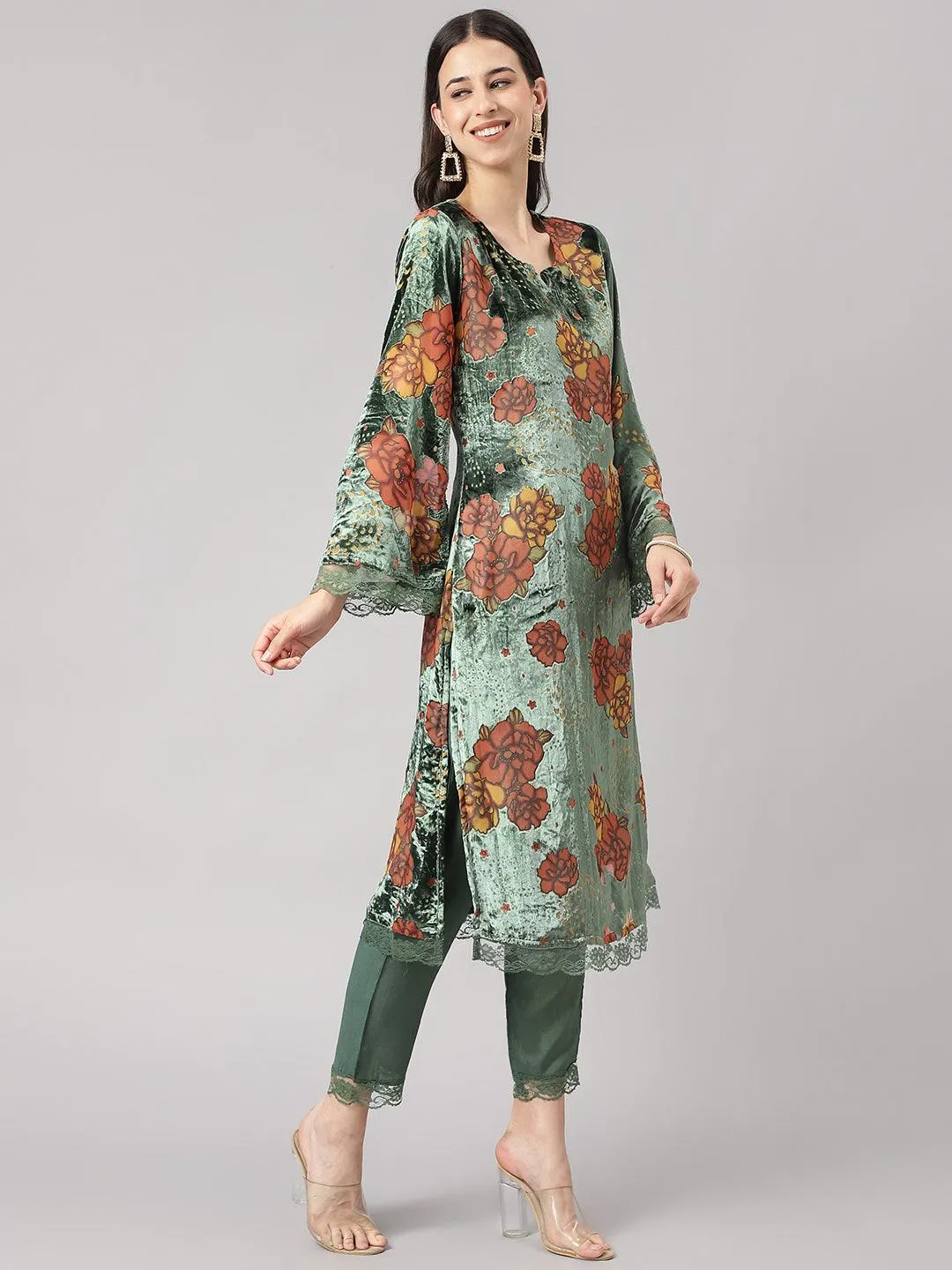 Green Burn Out Velvet Kurta Haram Pant With Organza Dupatta