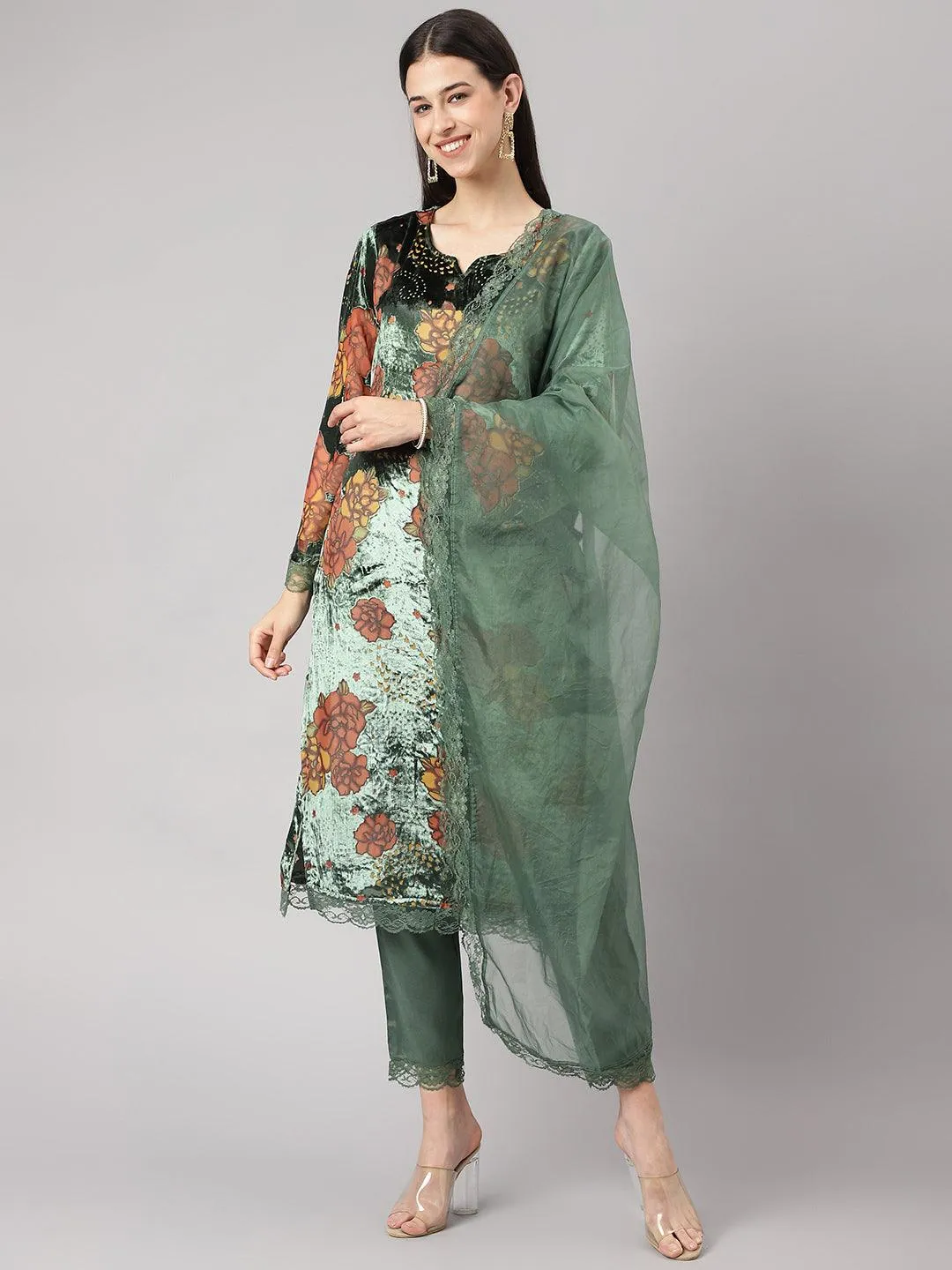 Green Burn Out Velvet Kurta Haram Pant With Organza Dupatta