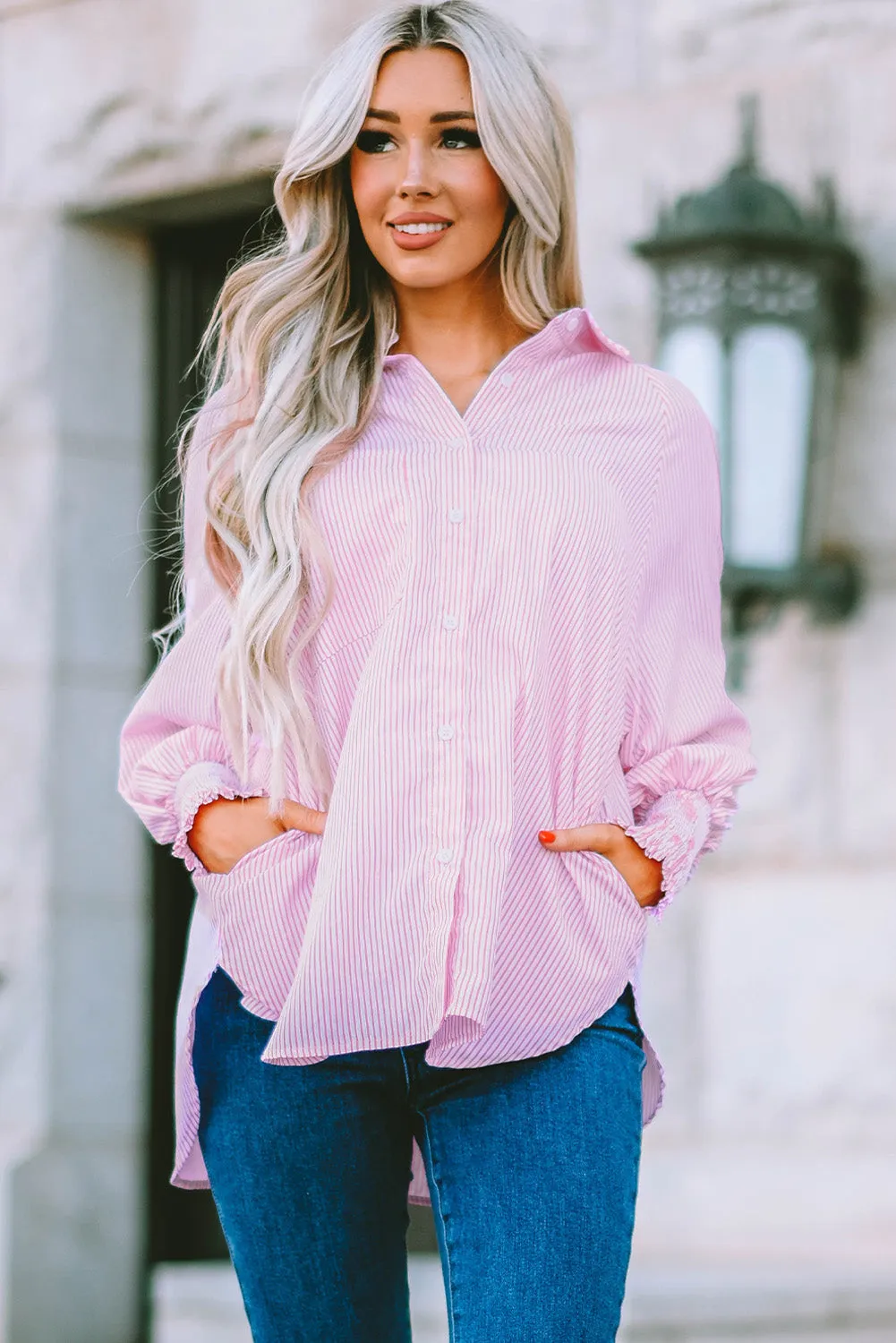 Light Blue Striped Casual Shirred Cuffs Shirt