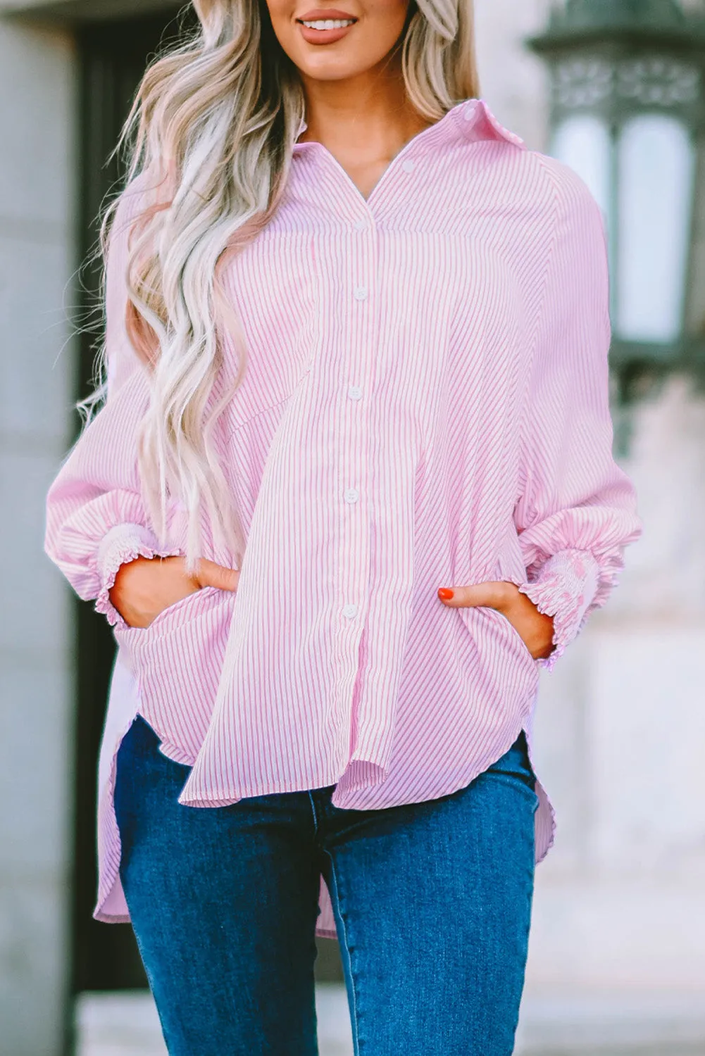 Light Blue Striped Casual Shirred Cuffs Shirt