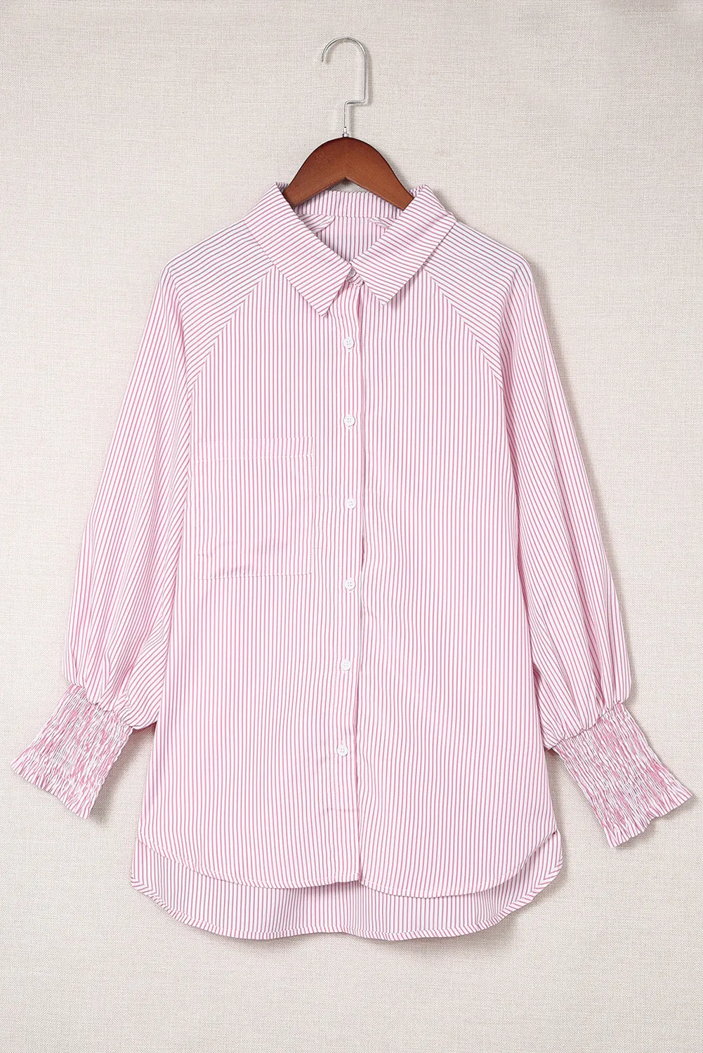 Light Blue Striped Casual Shirred Cuffs Shirt