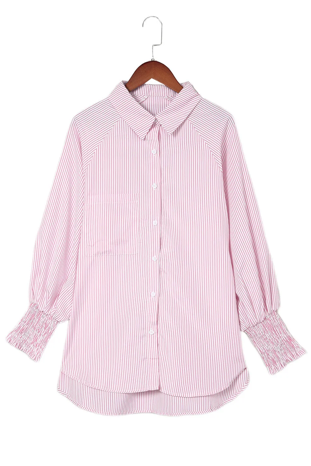 Light Blue Striped Casual Shirred Cuffs Shirt
