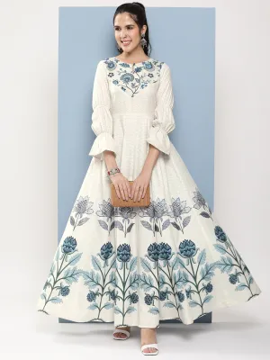 Off-White & Blue Printed Long Dress With Waist Belt
