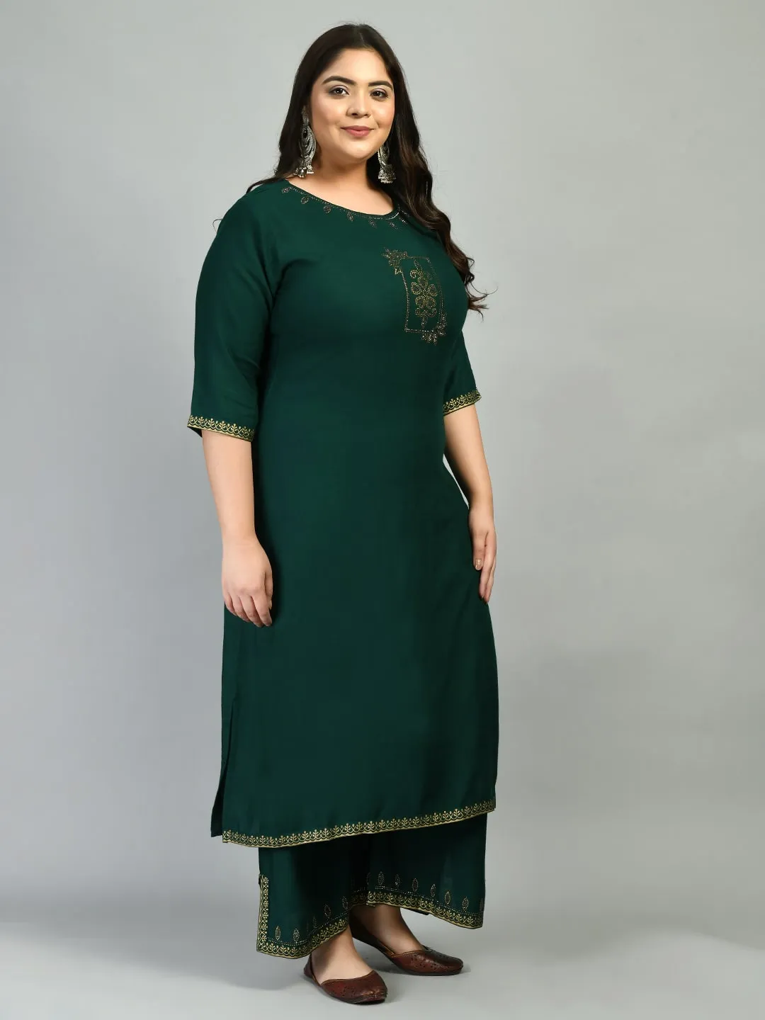 Plus Size Lavish Bottle Green Kurta Palazzo Set