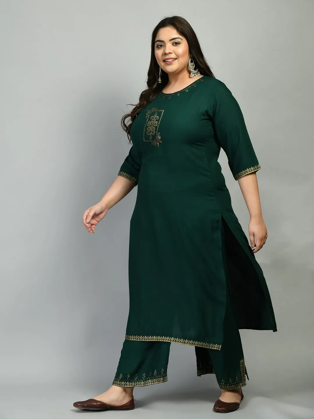 Plus Size Lavish Bottle Green Kurta Palazzo Set