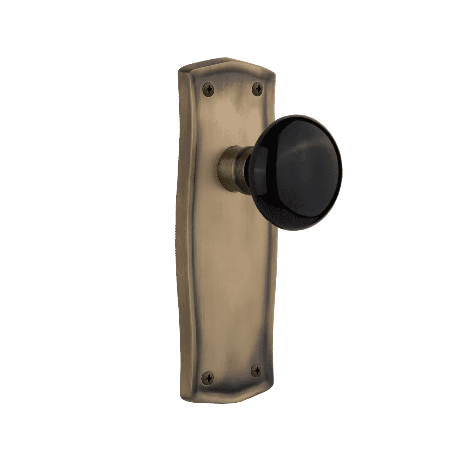 Prairie Long Plate with Black Porcelain Knob in Antique Brass