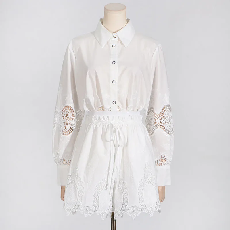 Pre Order:  Embroidered Hollowed Out Shirt   Shorts Set