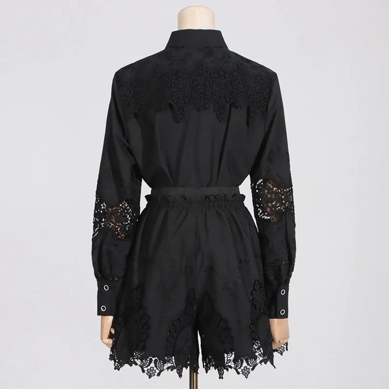 Pre Order:  Embroidered Hollowed Out Shirt   Shorts Set