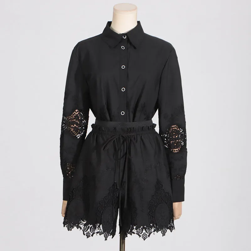 Pre Order:  Embroidered Hollowed Out Shirt   Shorts Set