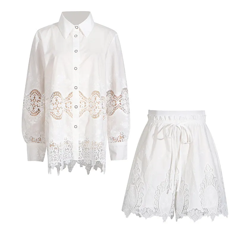 Pre Order:  Embroidered Hollowed Out Shirt   Shorts Set