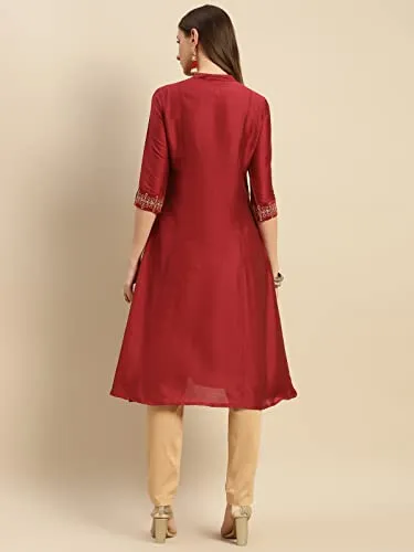 rangita Women Maroon Solid Embroidered Calf Length A Line Kurti with Sleeves Tabs, L