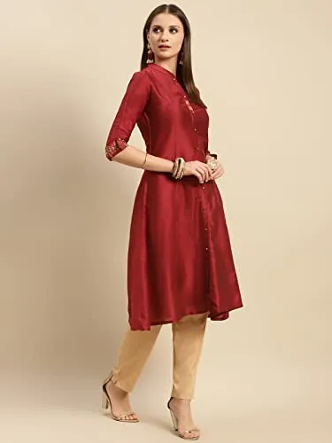 rangita Women Maroon Solid Embroidered Calf Length A Line Kurti with Sleeves Tabs, L