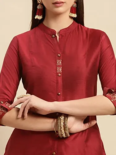 rangita Women Maroon Solid Embroidered Calf Length A Line Kurti with Sleeves Tabs, L