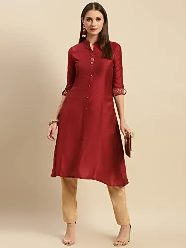 rangita Women Maroon Solid Embroidered Calf Length A Line Kurti with Sleeves Tabs, L