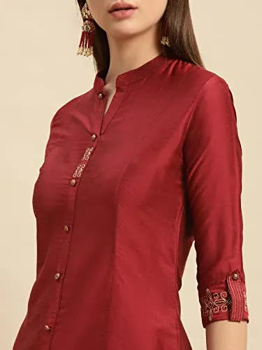 rangita Women Maroon Solid Embroidered Calf Length A Line Kurti with Sleeves Tabs, L