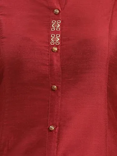 rangita Women Maroon Solid Embroidered Calf Length A Line Kurti with Sleeves Tabs, L