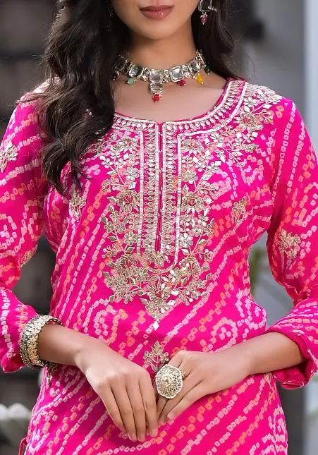 Rani Pink Gota Patti Embroidered Bandhani Print Chinon Kurta Set With Shiffon Dupatta