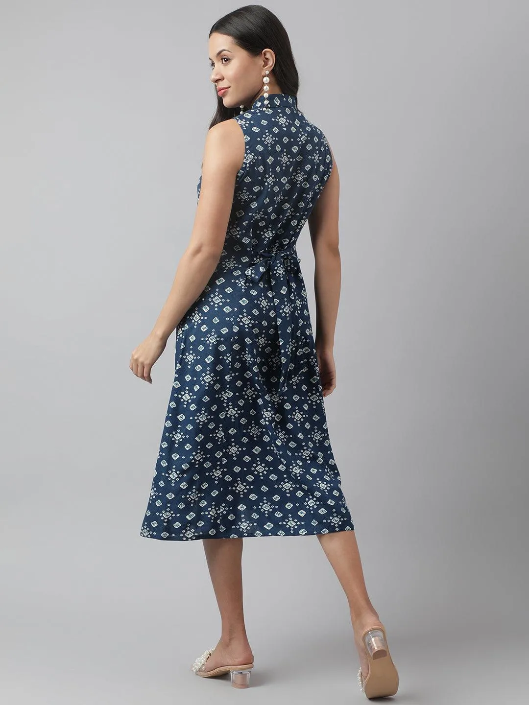 Rayon Teal Blue A-Line Floral Printed Midi Dress