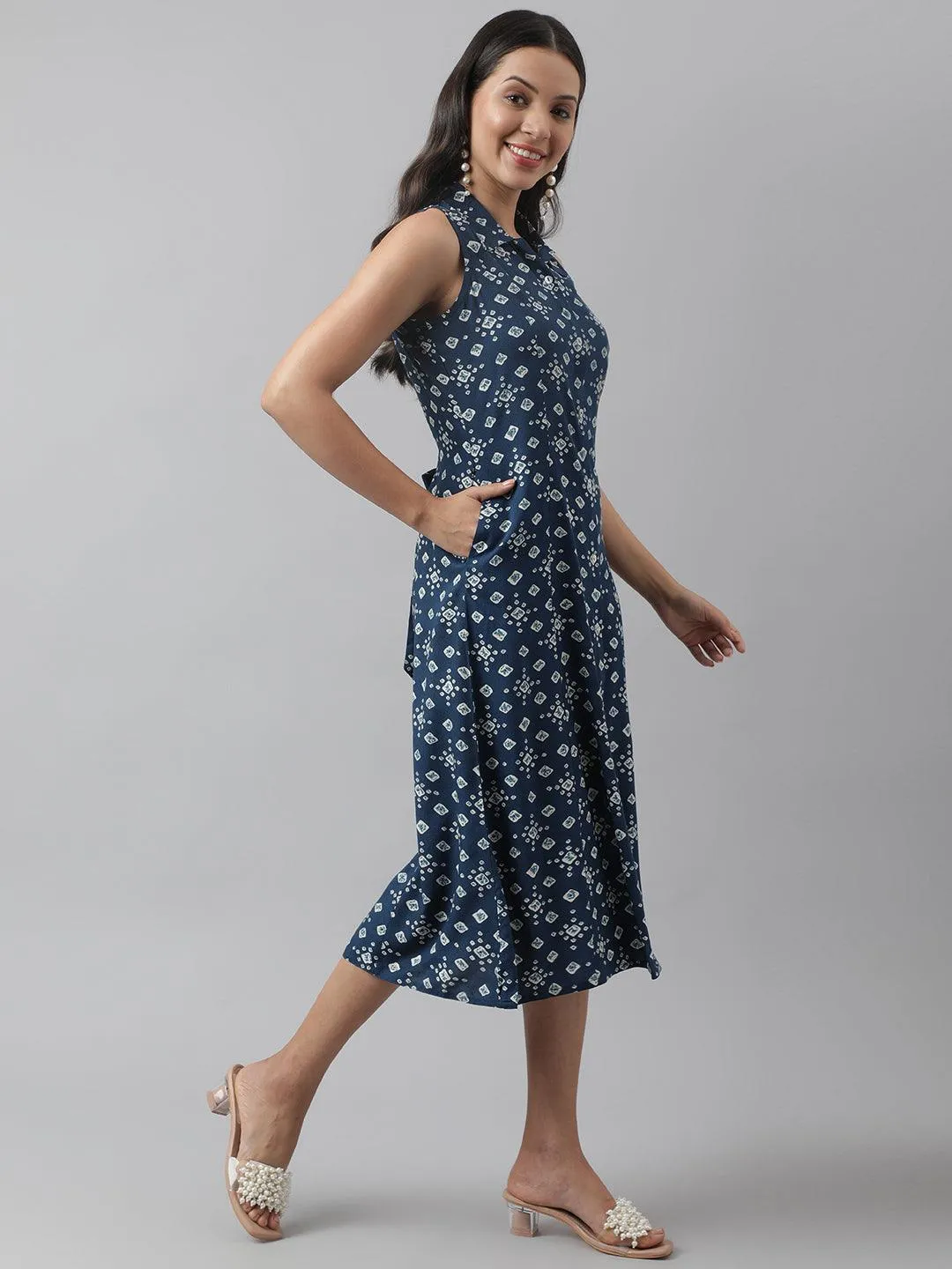 Rayon Teal Blue A-Line Floral Printed Midi Dress