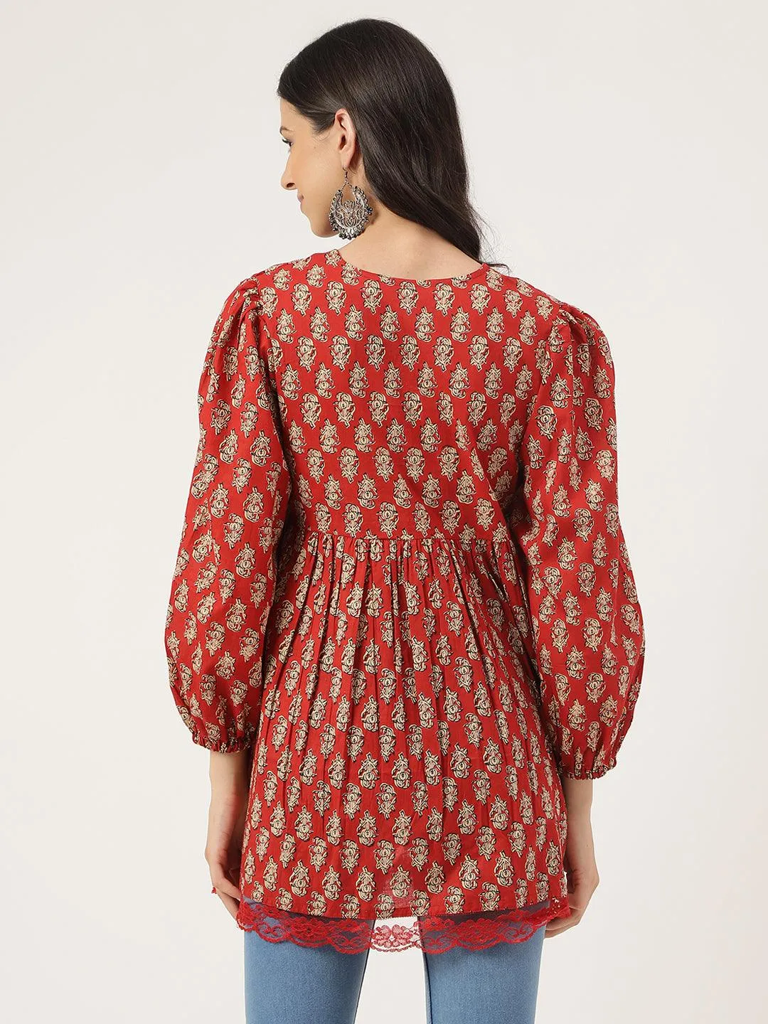 Red Floral Cotton Peplum Style Top