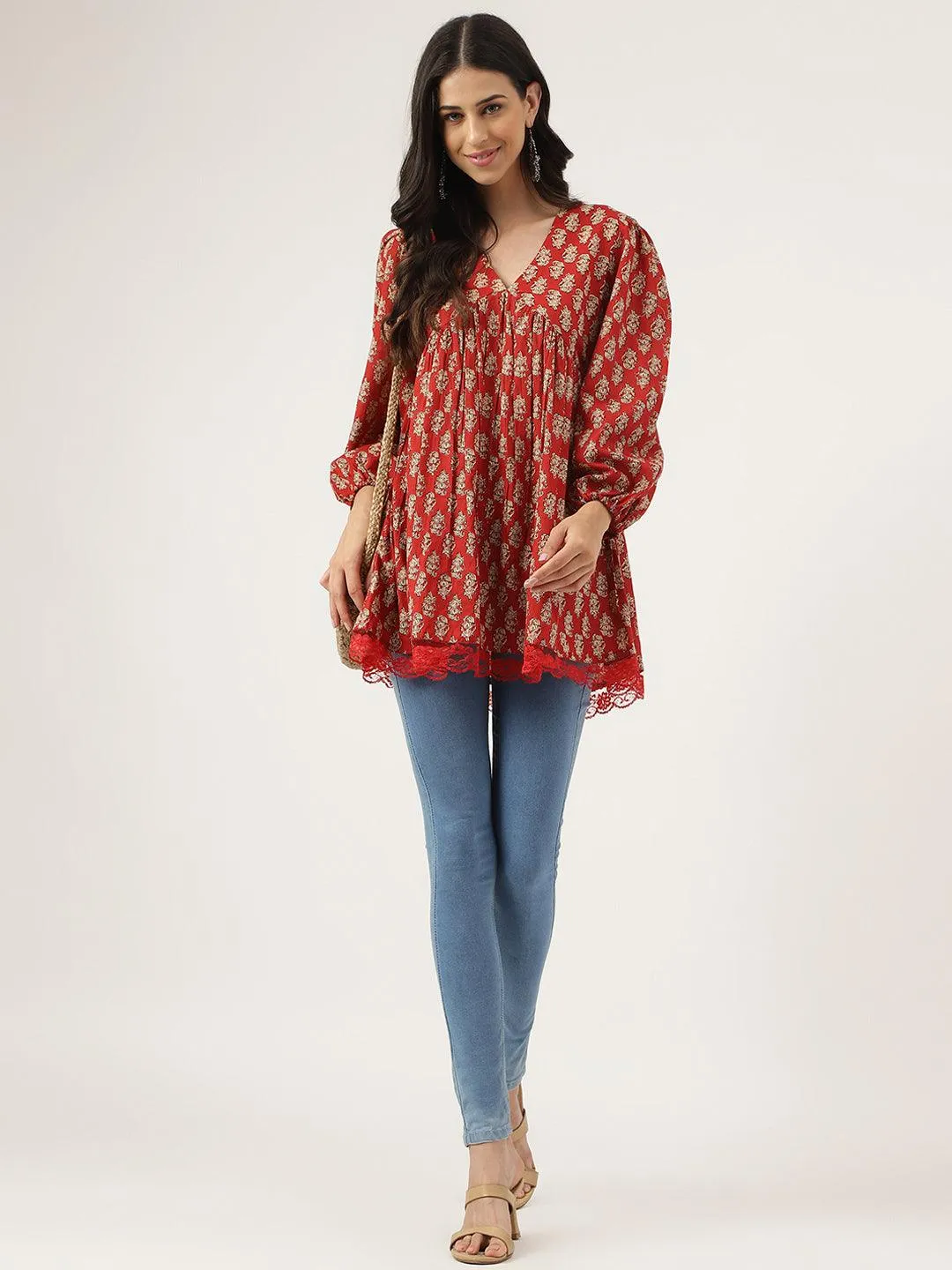 Red Floral Cotton Peplum Style Top