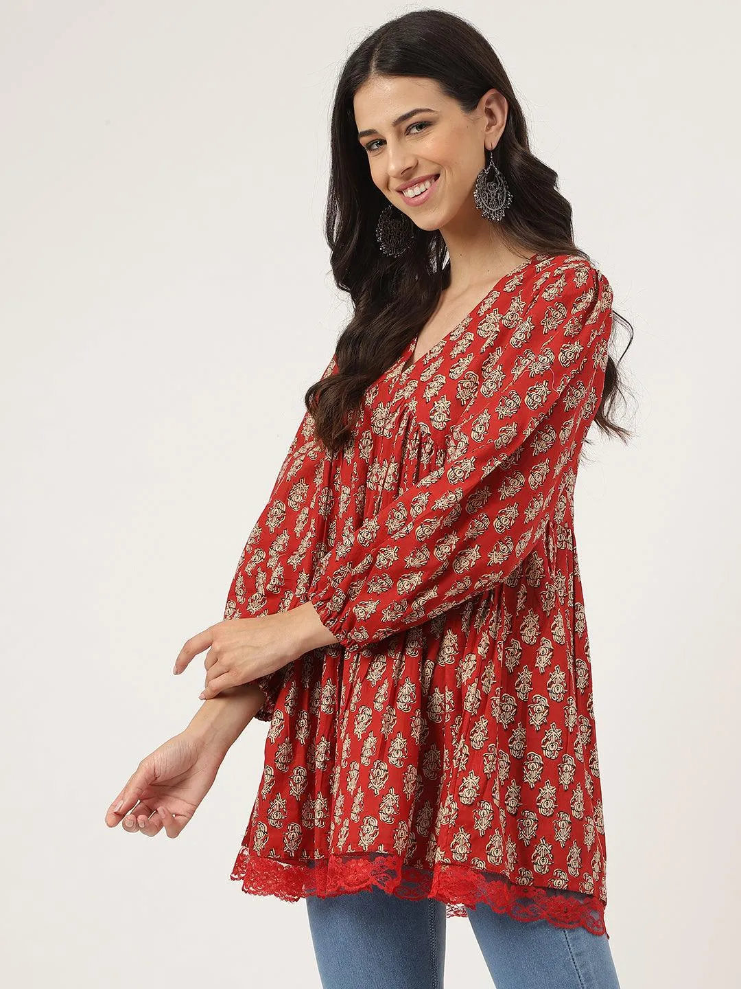 Red Floral Cotton Peplum Style Top