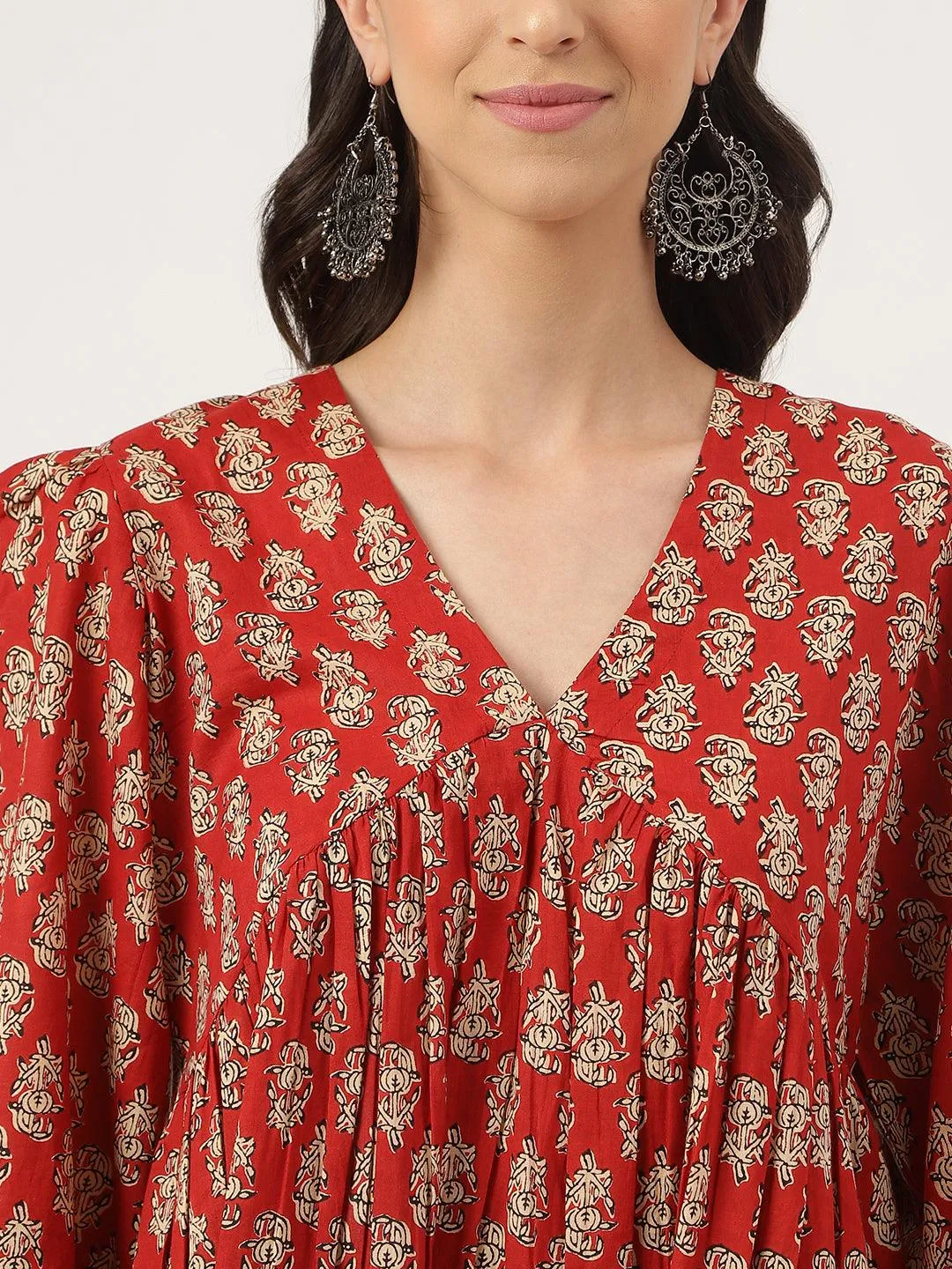 Red Floral Cotton Peplum Style Top