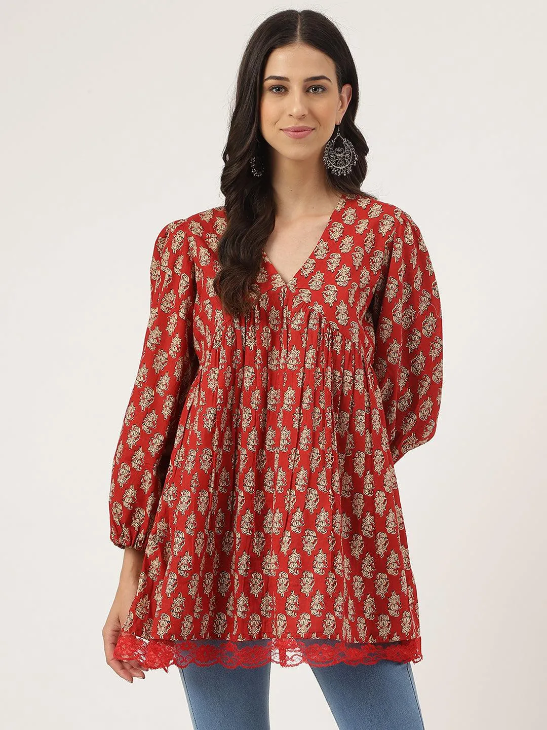 Red Floral Cotton Peplum Style Top