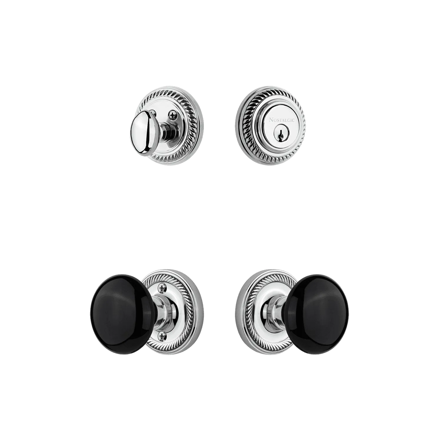 Rope Rosette Entry Set with Black Porcelain Knob in Bright Chrome