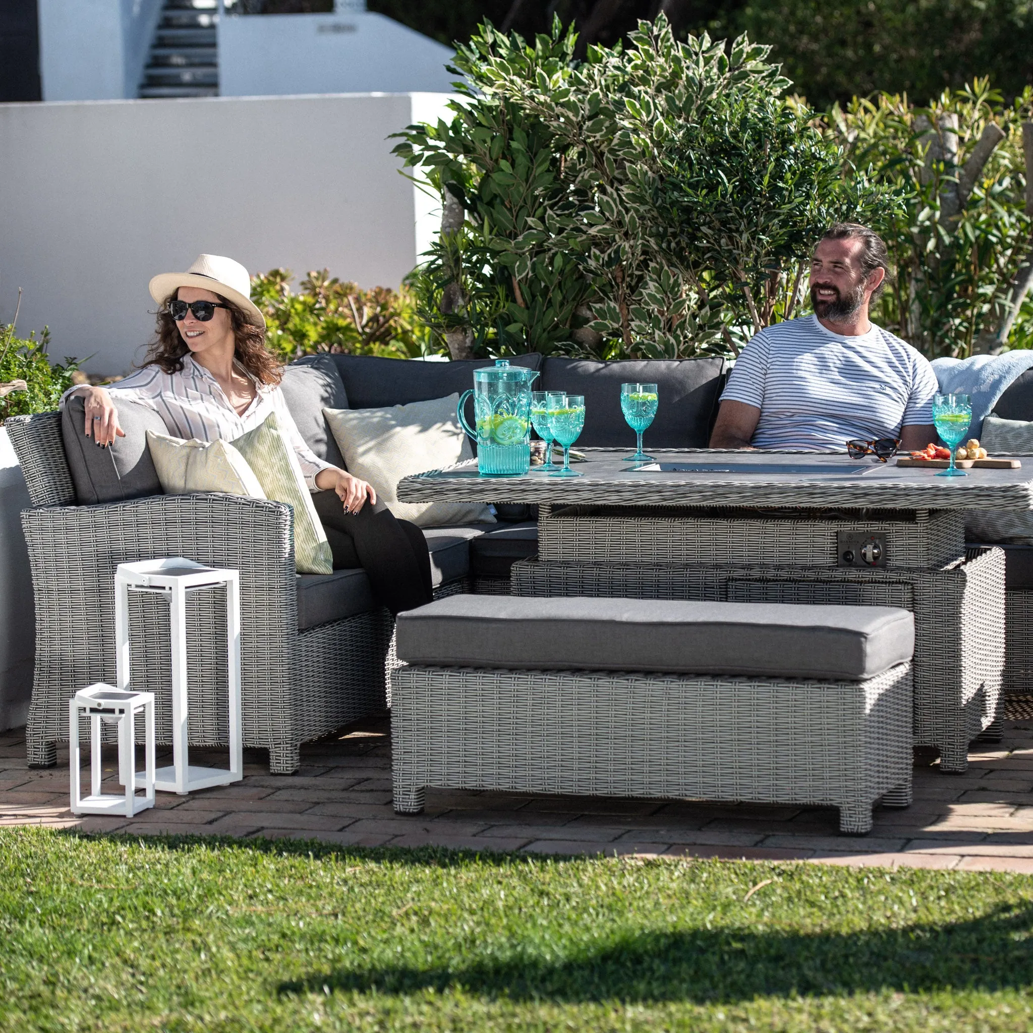 Santiago Rectangular Rattan Corner Dining Set with Rising Firepit Table in Grey