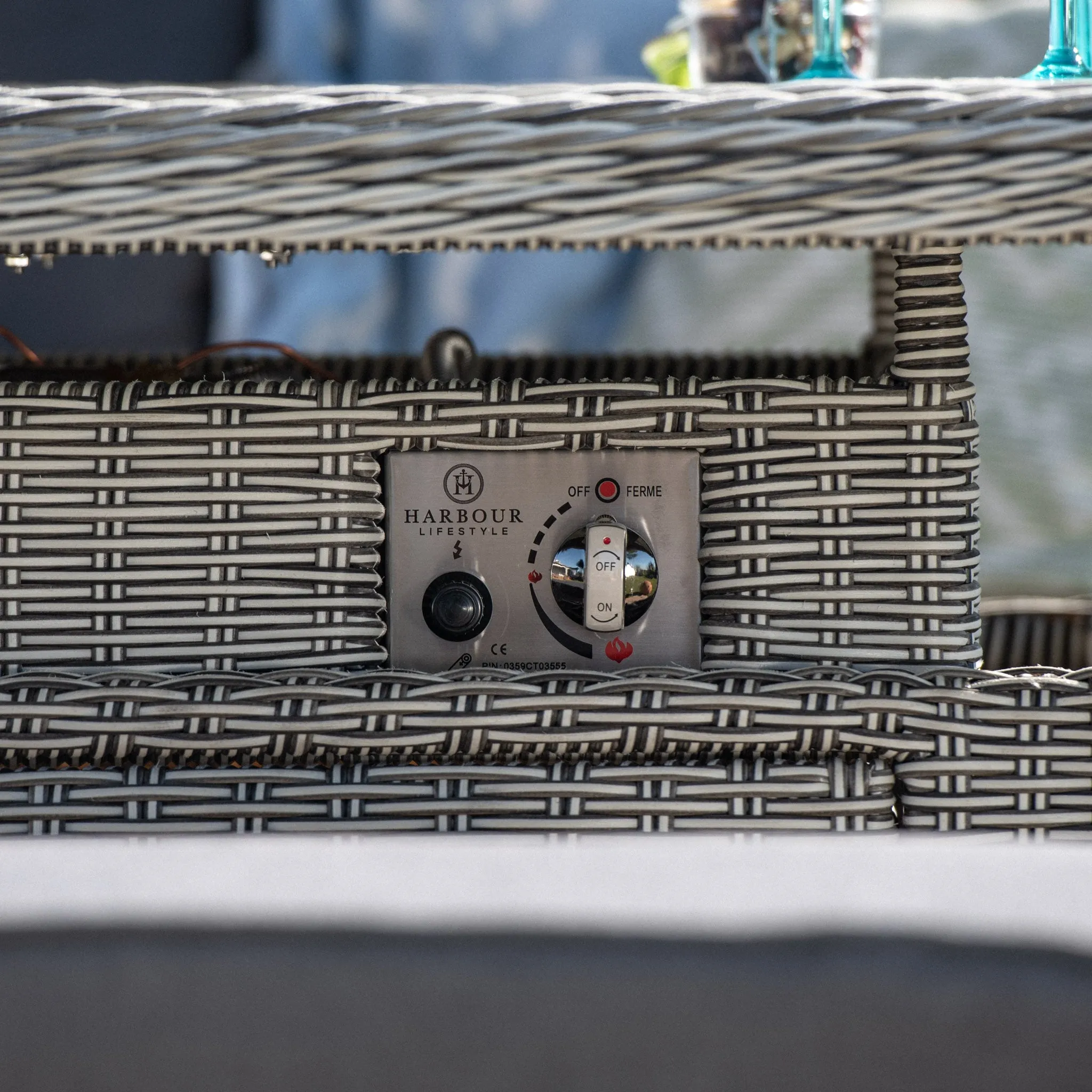 Santiago Rectangular Rattan Corner Dining Set with Rising Firepit Table in Grey