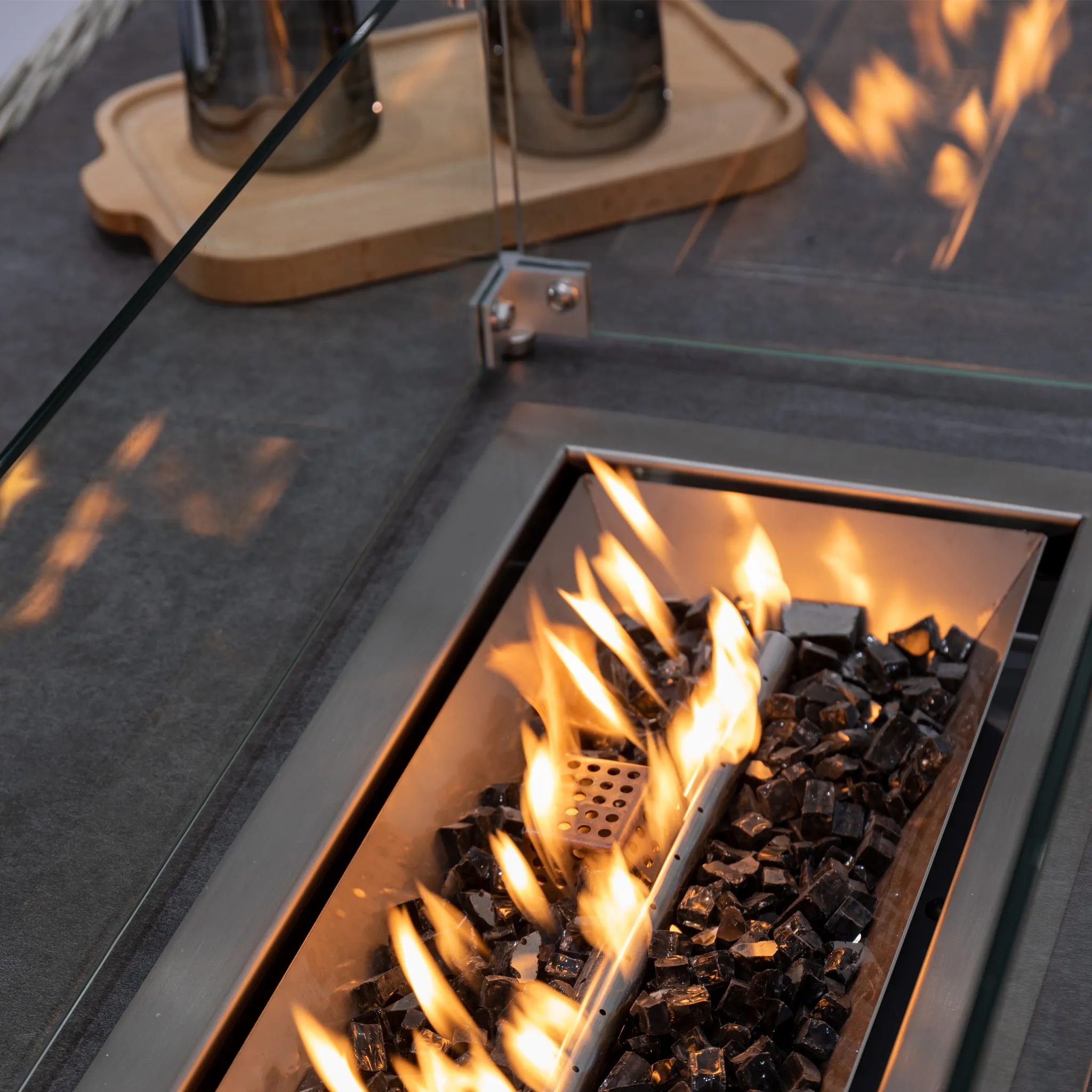 Santiago Rectangular Rattan Corner Dining Set with Rising Firepit Table in Grey