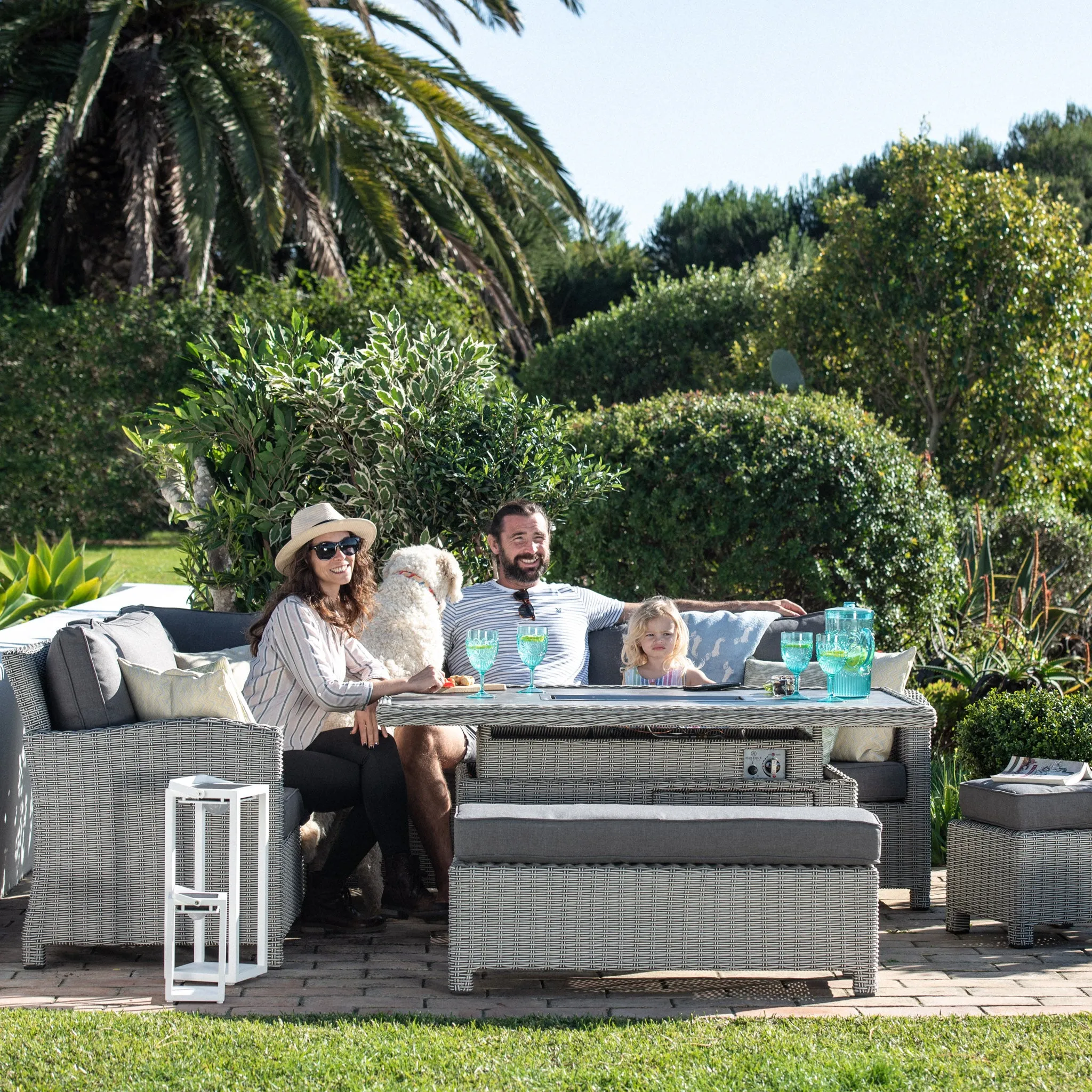 Santiago Rectangular Rattan Corner Dining Set with Rising Firepit Table in Grey