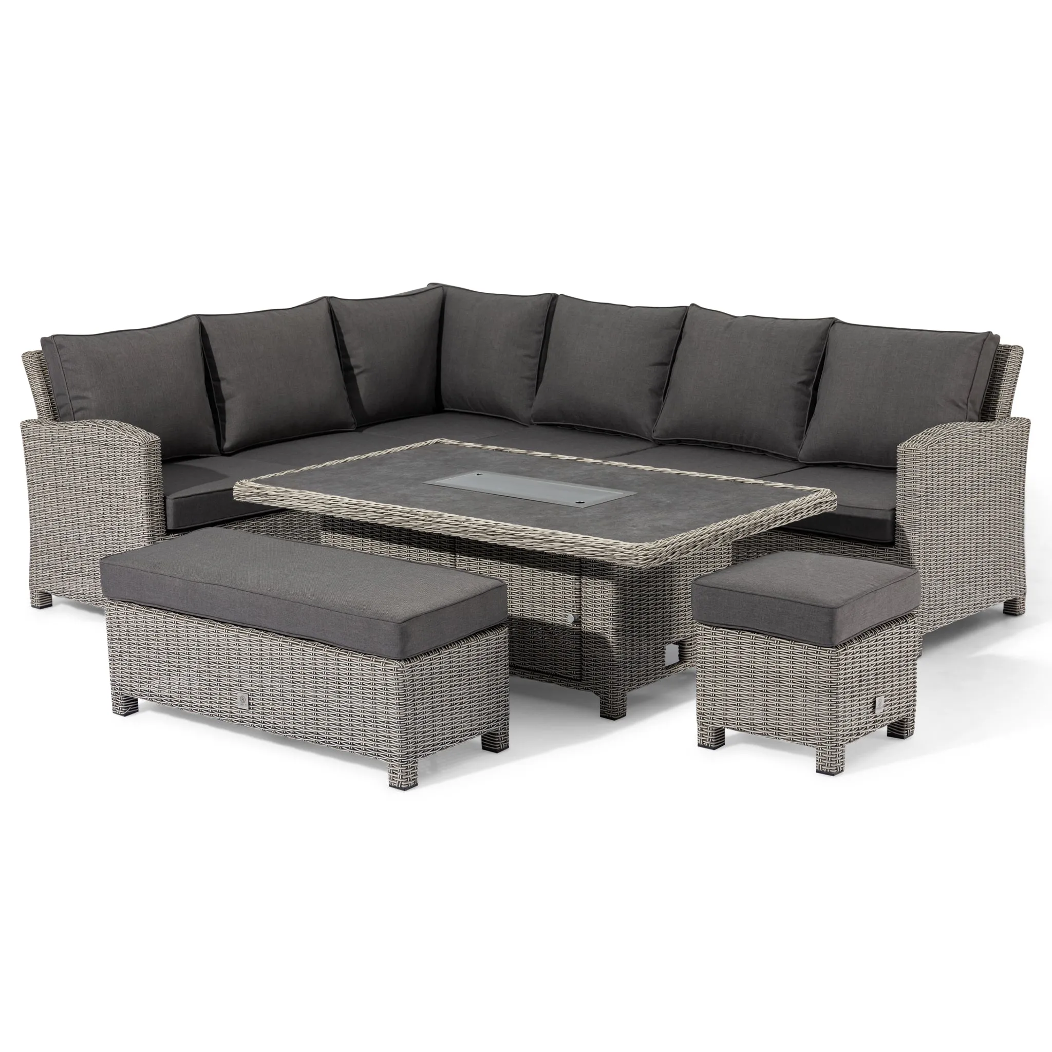 Santiago Rectangular Rattan Corner Dining Set with Rising Firepit Table in Grey
