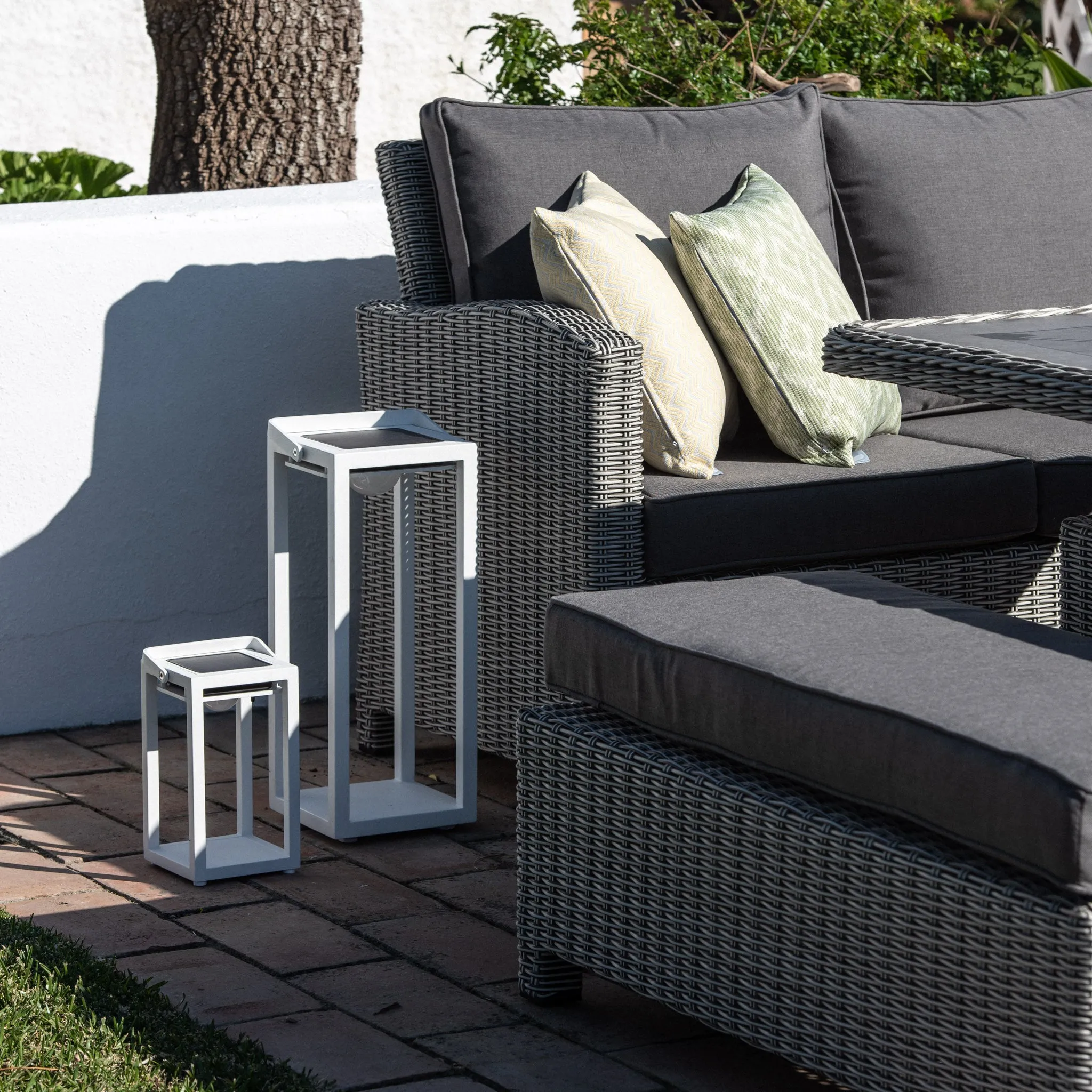 Santiago Rectangular Rattan Corner Dining Set with Rising Firepit Table in Grey