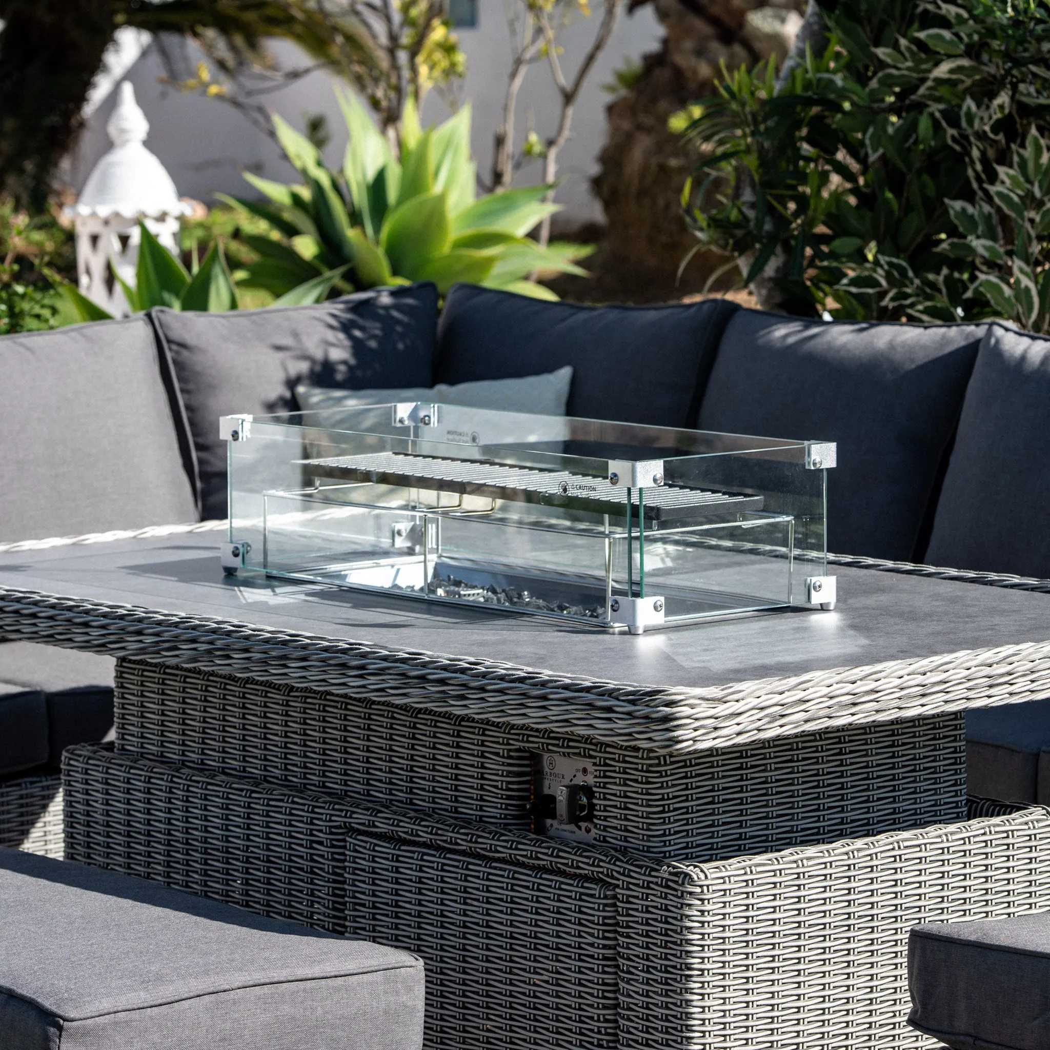 Santiago Rectangular Rattan Corner Dining Set with Rising Firepit Table in Grey