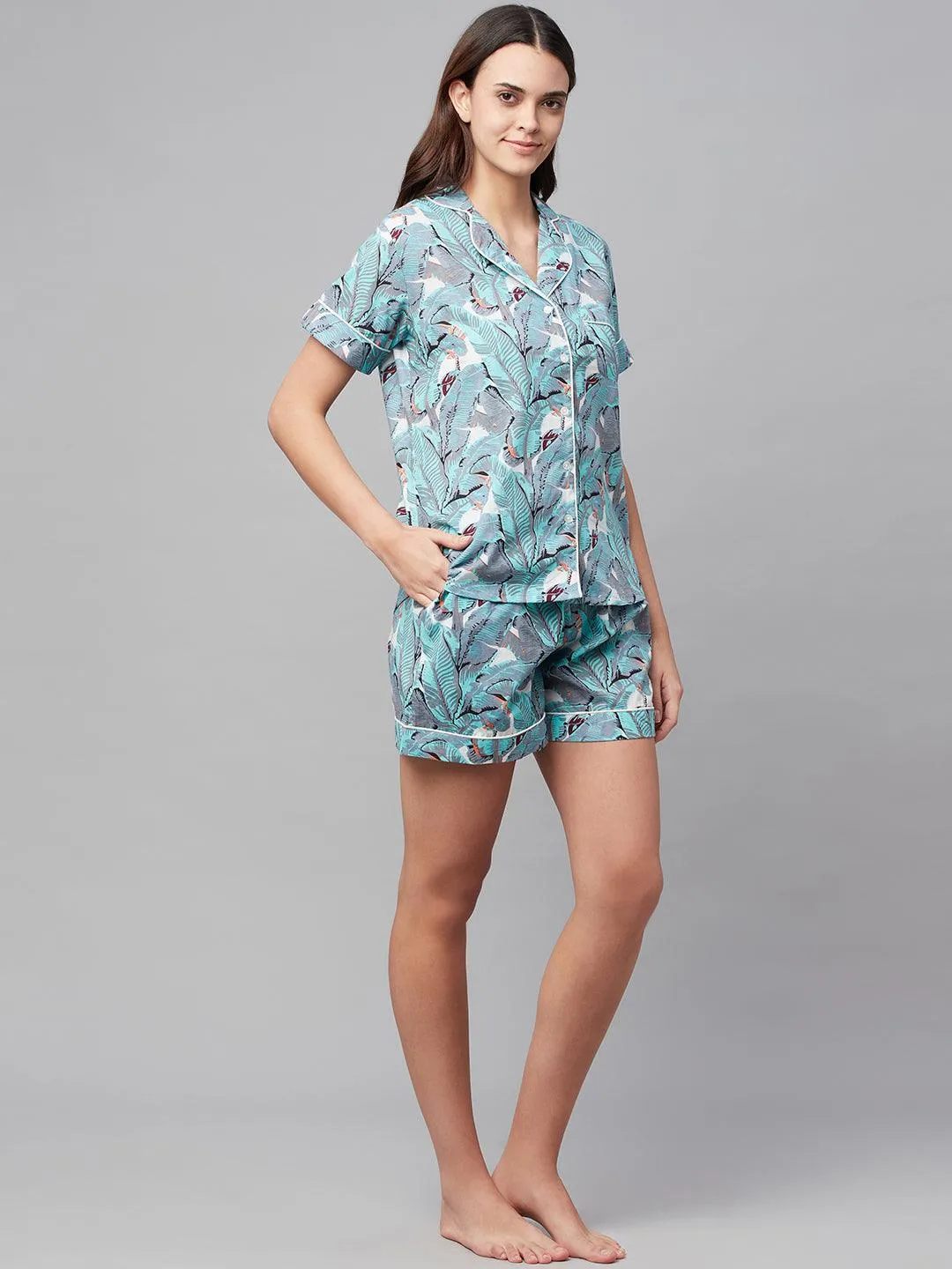 Seagreen Cotton Floral Print Night Suit