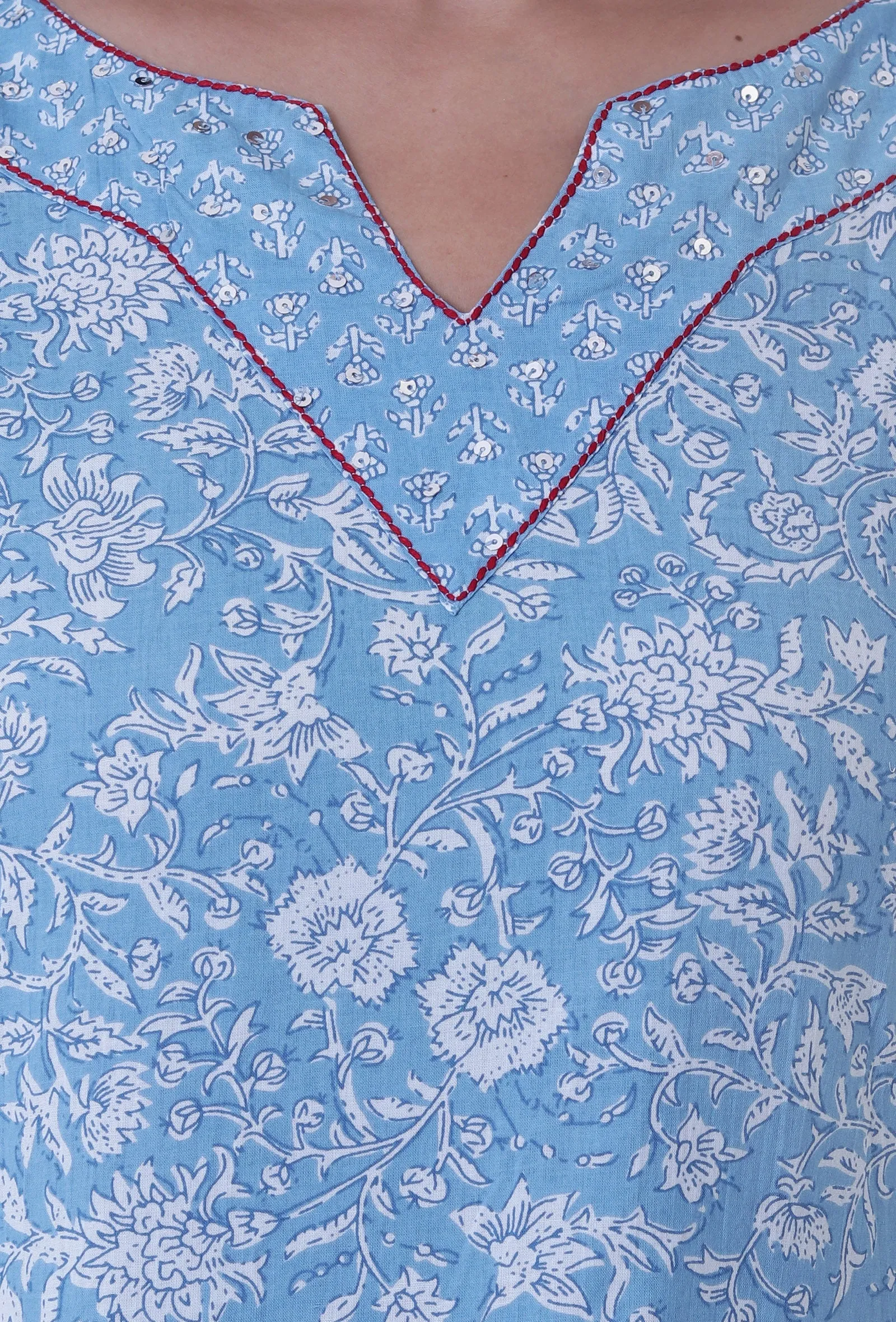 Set Of 2: Blue & White Cotton Block Printed Kurta & Pant
