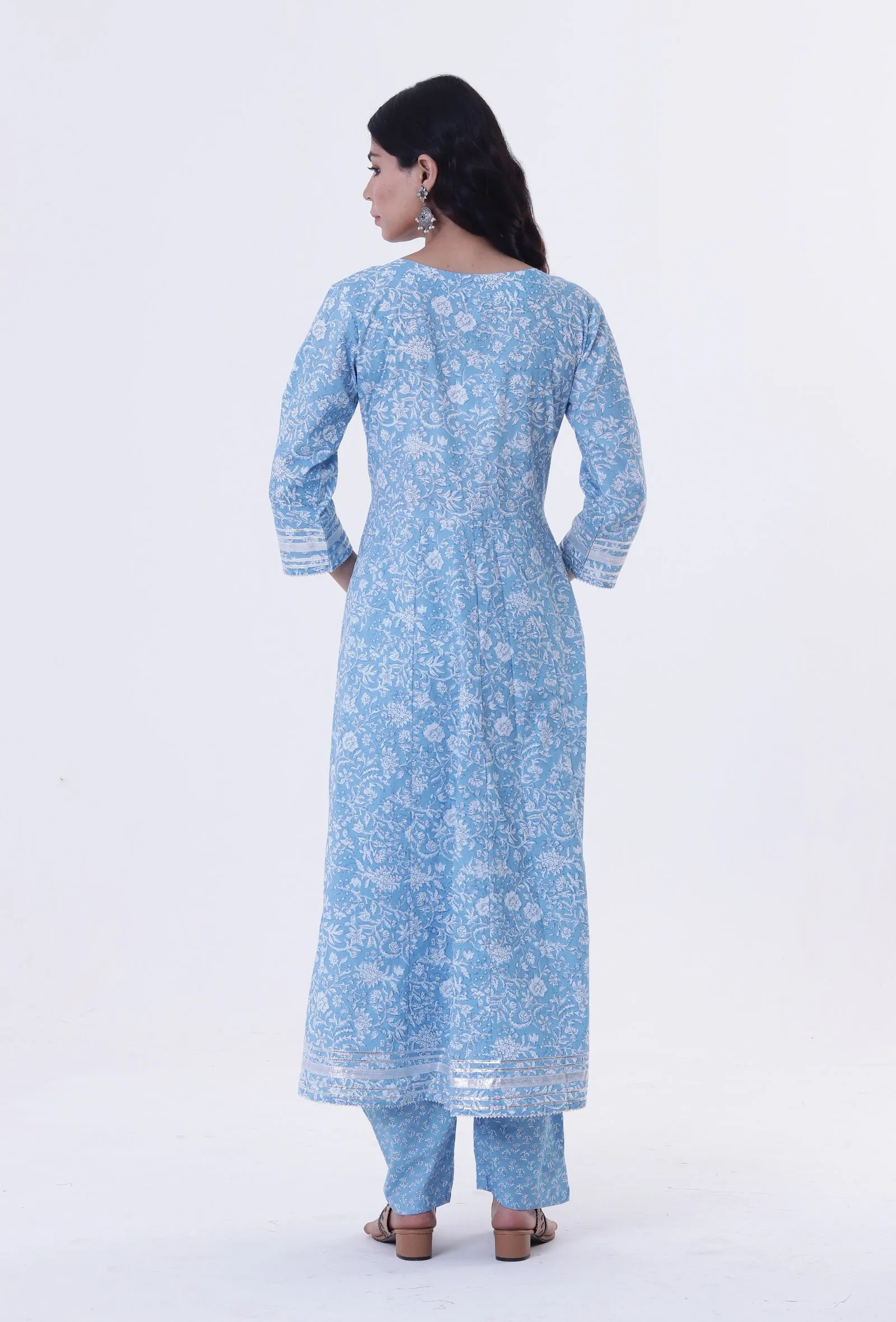 Set Of 2: Blue & White Cotton Block Printed Kurta & Pant