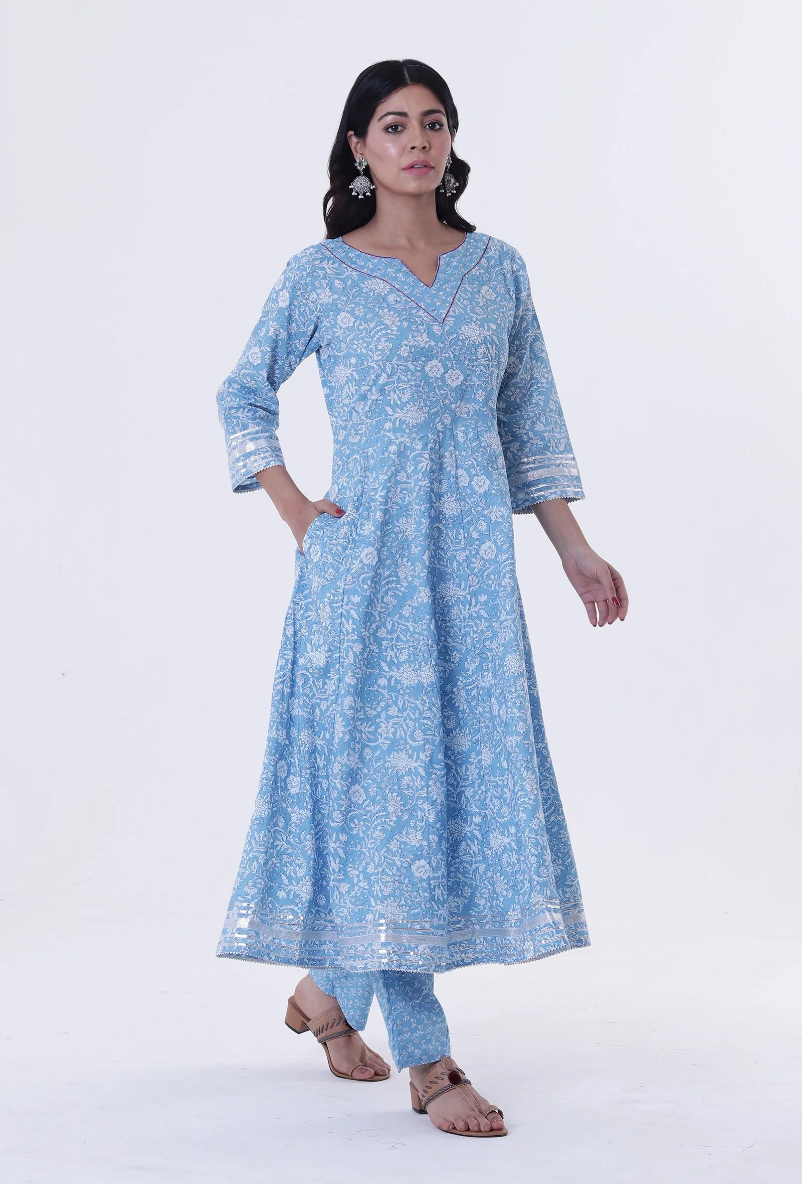Set Of 2: Blue & White Cotton Block Printed Kurta & Pant