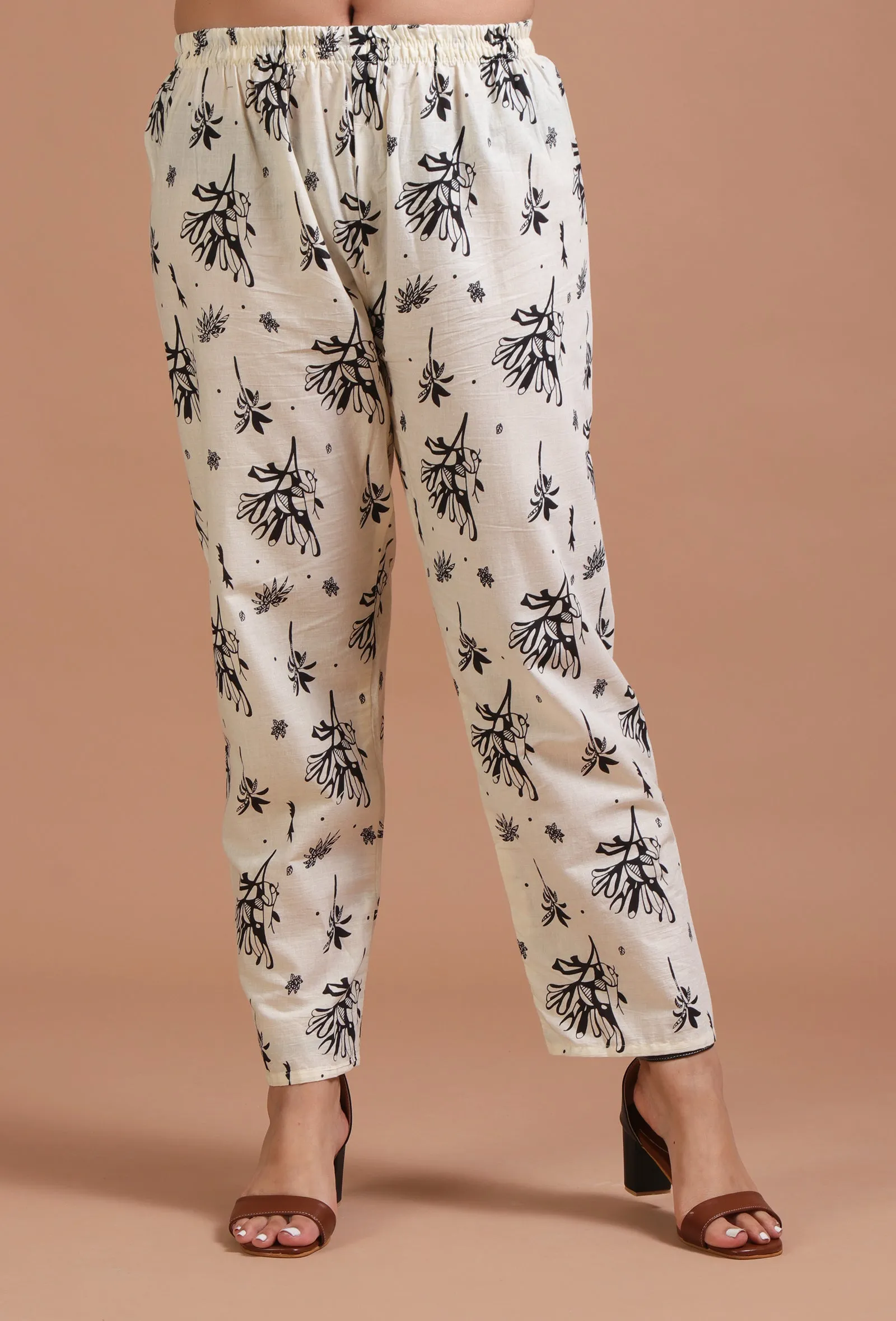 Set Of 2: Off White & Black Cotton Printed Kurta & Pant Set