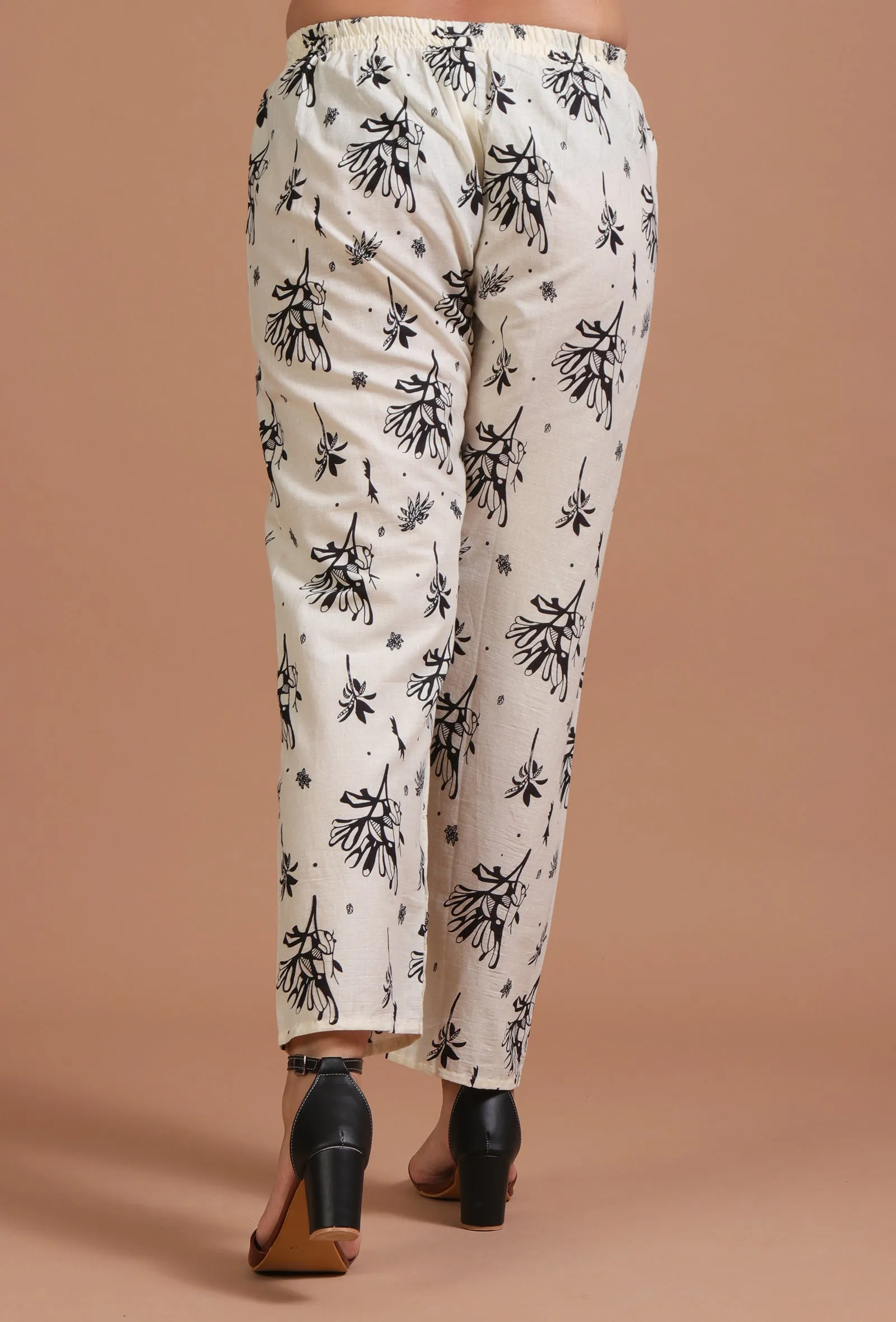 Set Of 2: Off White & Black Cotton Printed Kurta & Pant Set