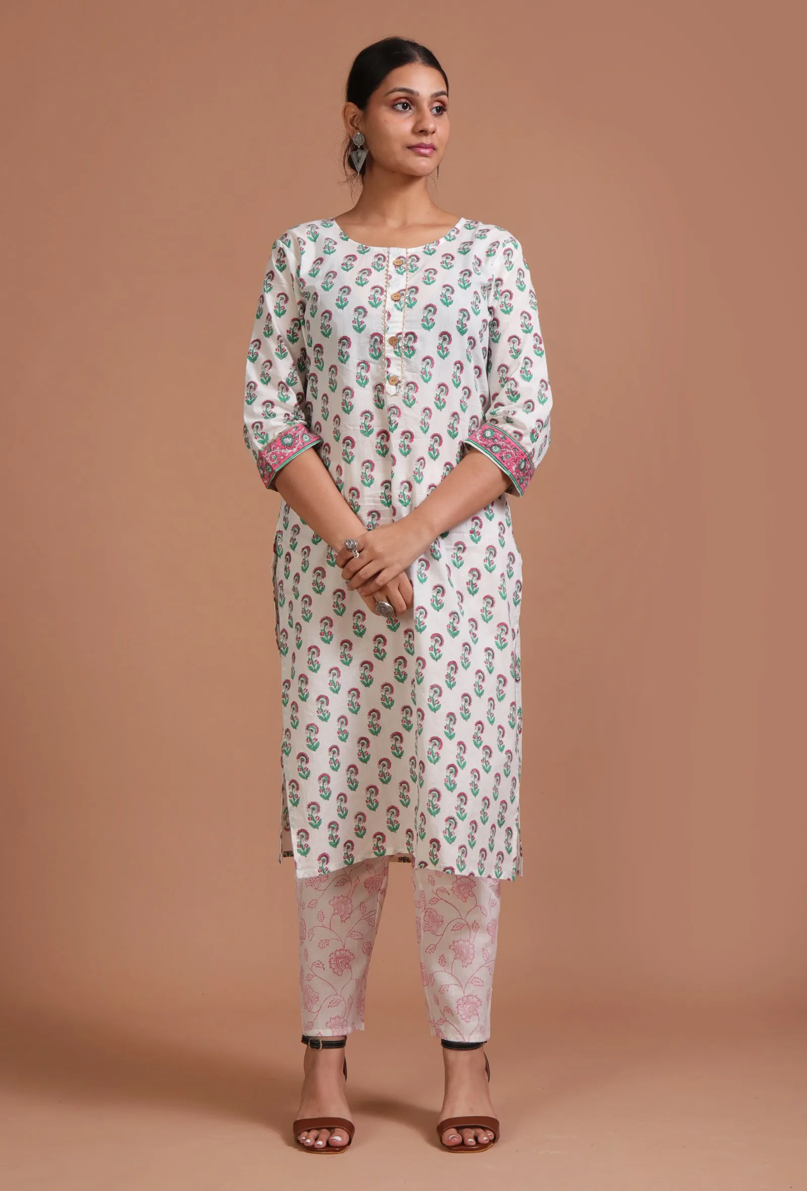Set Of 2: White & Green Cotton Printed Kurta & Pant Set