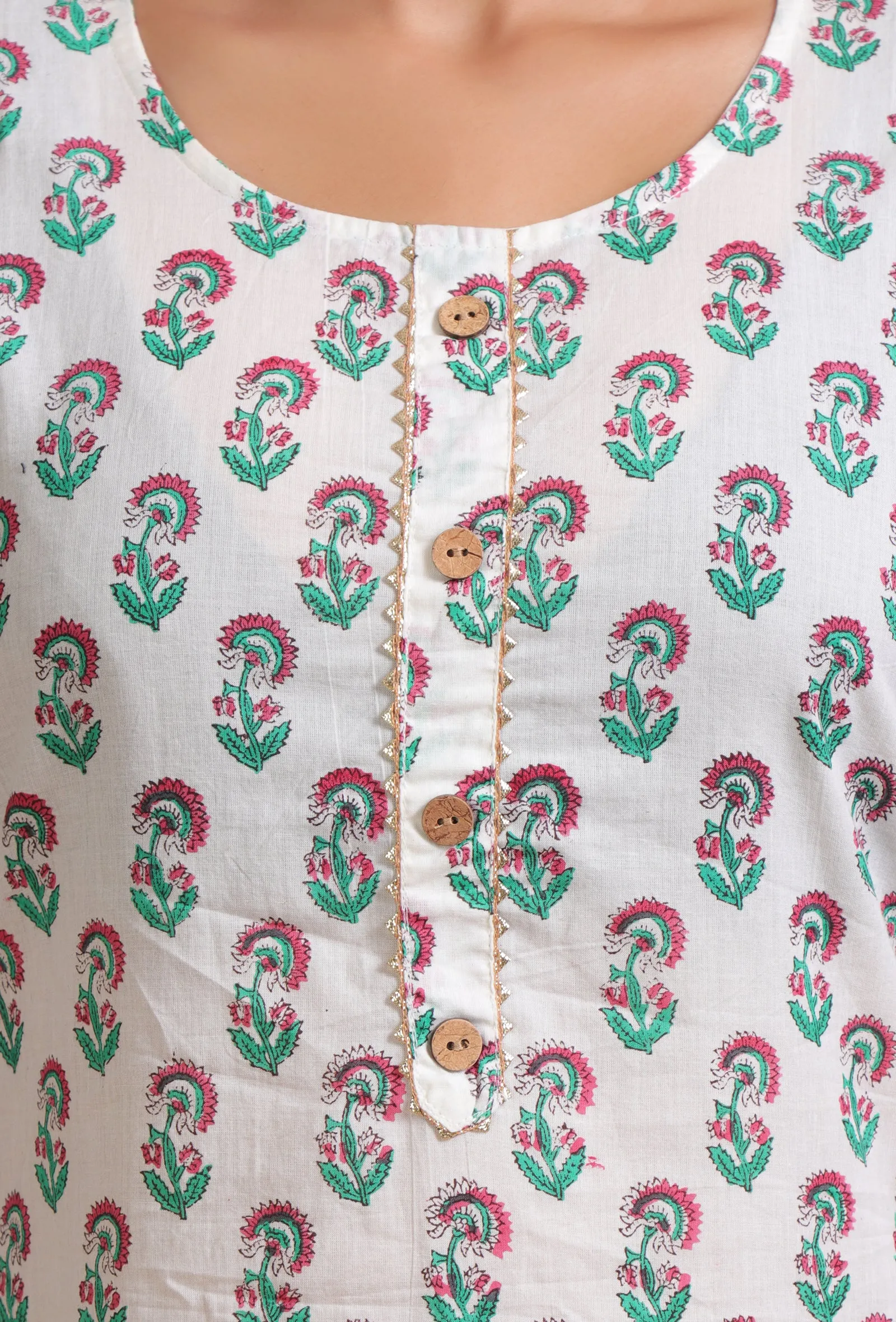 Set Of 2: White & Green Cotton Printed Kurta & Pant Set