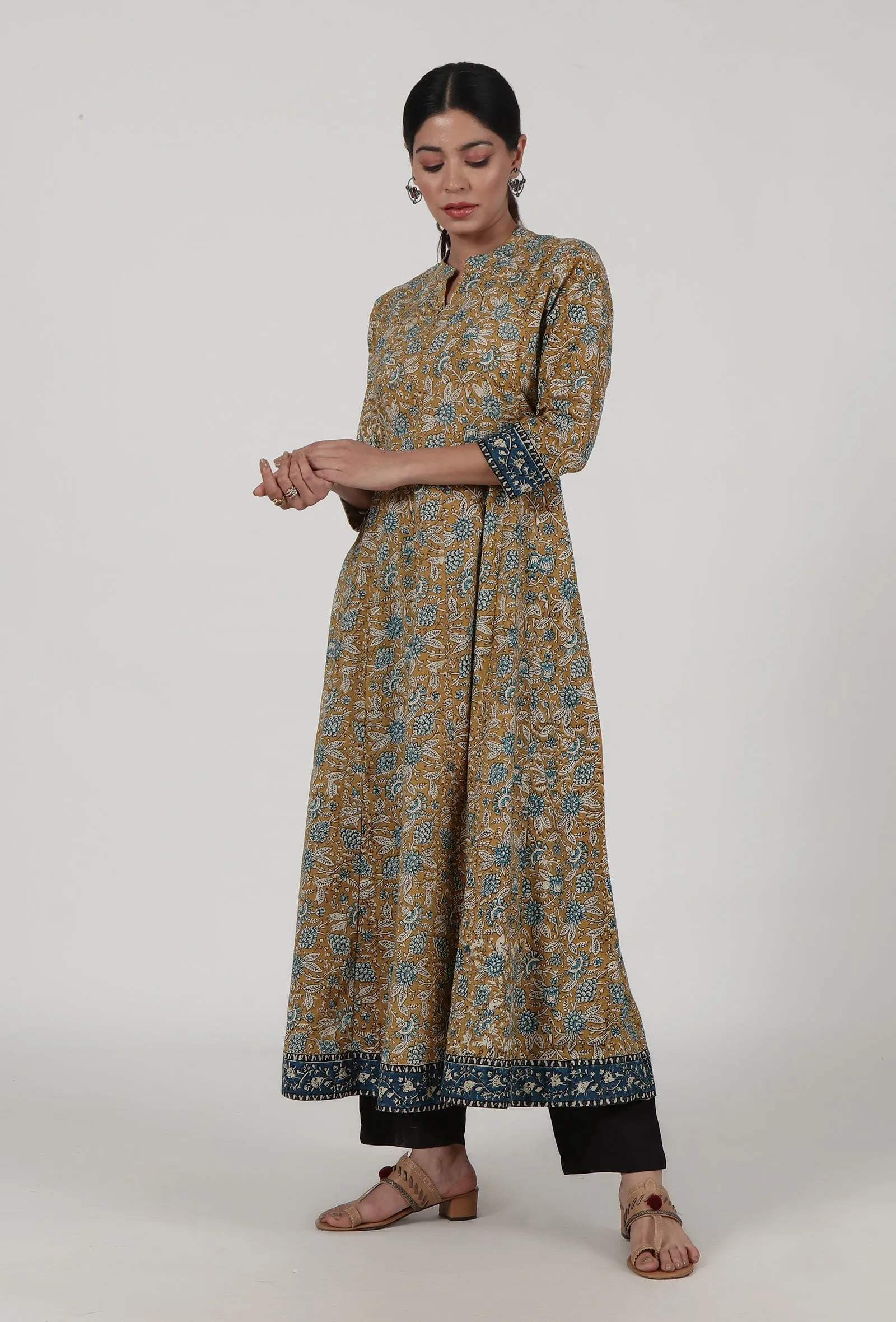 Set Of 3: Ajrakh Printed Brown Cotton Anarkali, Pant & Dupatta Set
