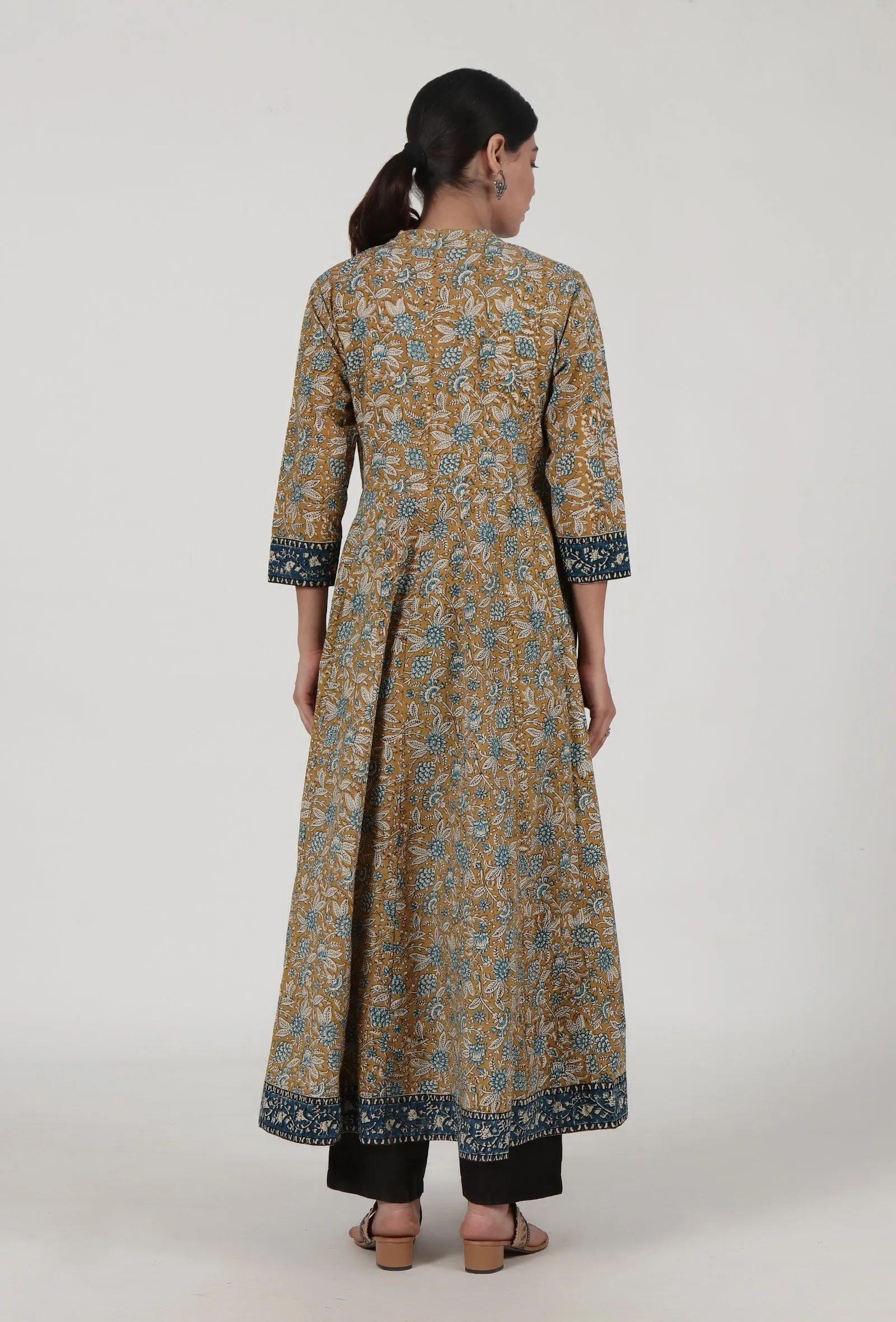 Set Of 3: Ajrakh Printed Brown Cotton Anarkali, Pant & Dupatta Set