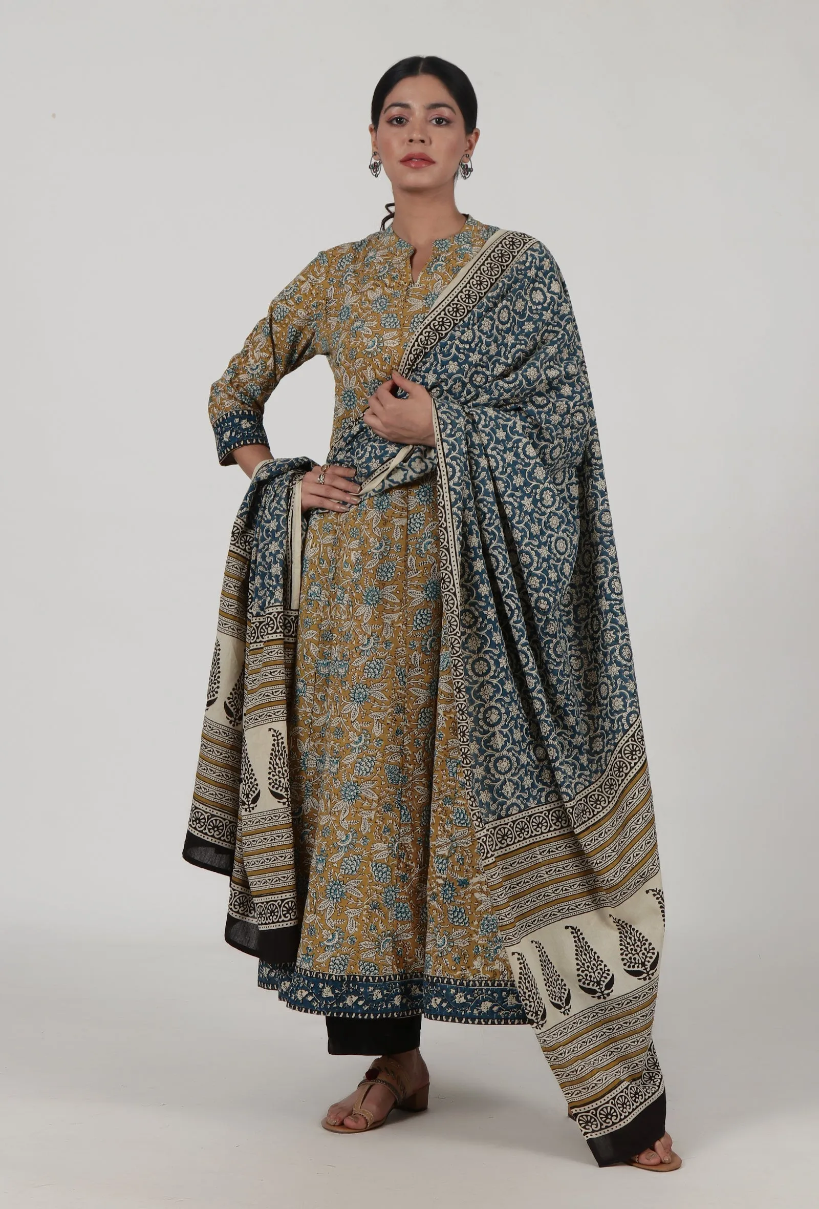 Set Of 3: Ajrakh Printed Brown Cotton Anarkali, Pant & Dupatta Set
