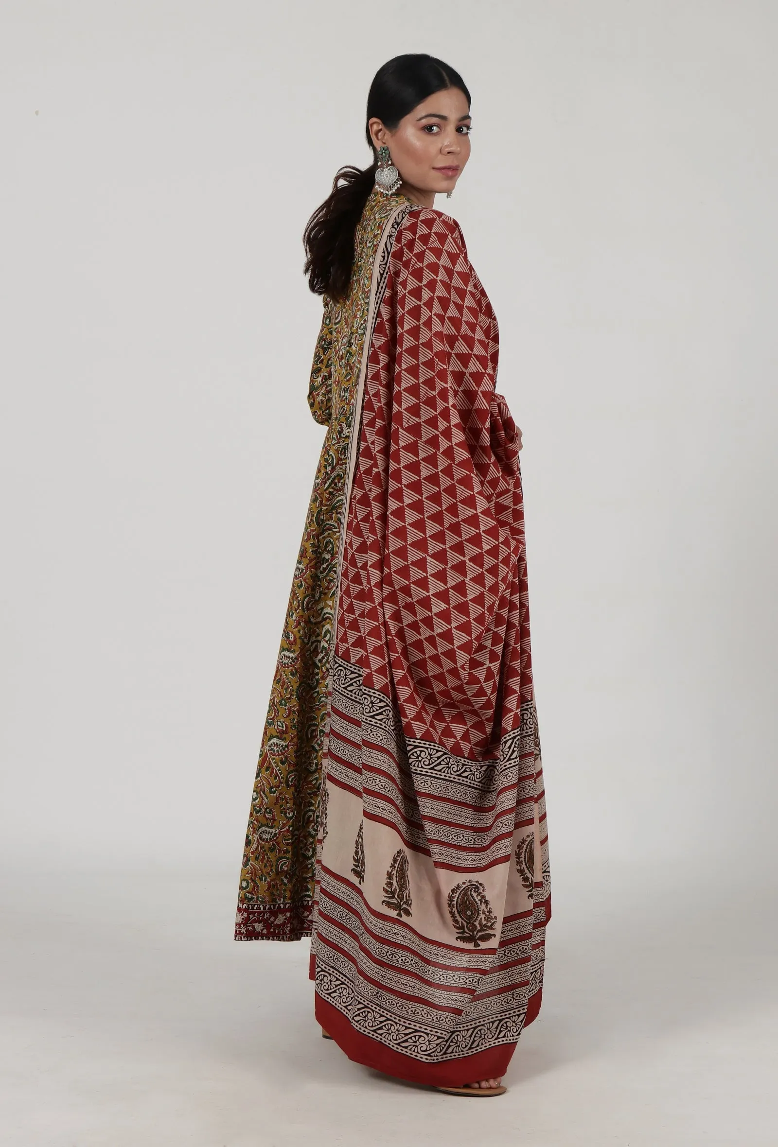Set Of 3: Ajrakh Printed Yellow Cotton Anarkali, Red Pant & Dupatta Set