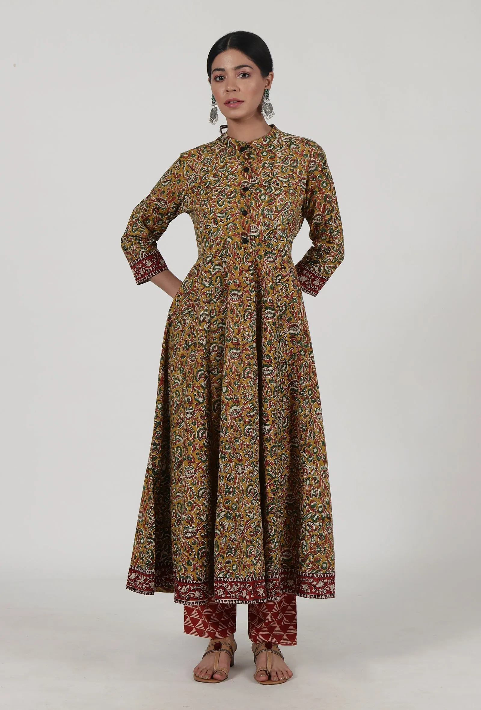 Set Of 3: Ajrakh Printed Yellow Cotton Anarkali, Red Pant & Dupatta Set