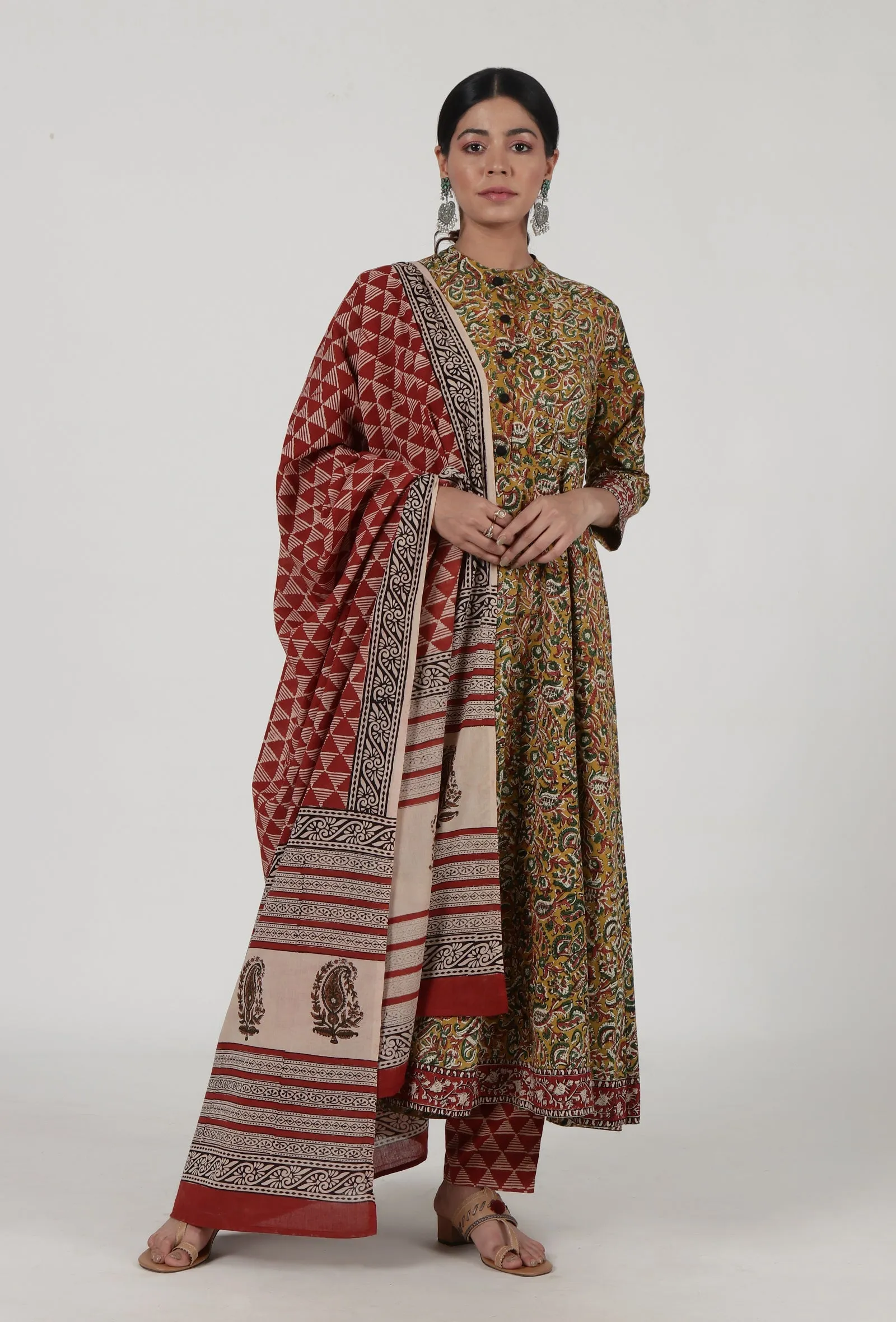 Set Of 3: Ajrakh Printed Yellow Cotton Anarkali, Red Pant & Dupatta Set